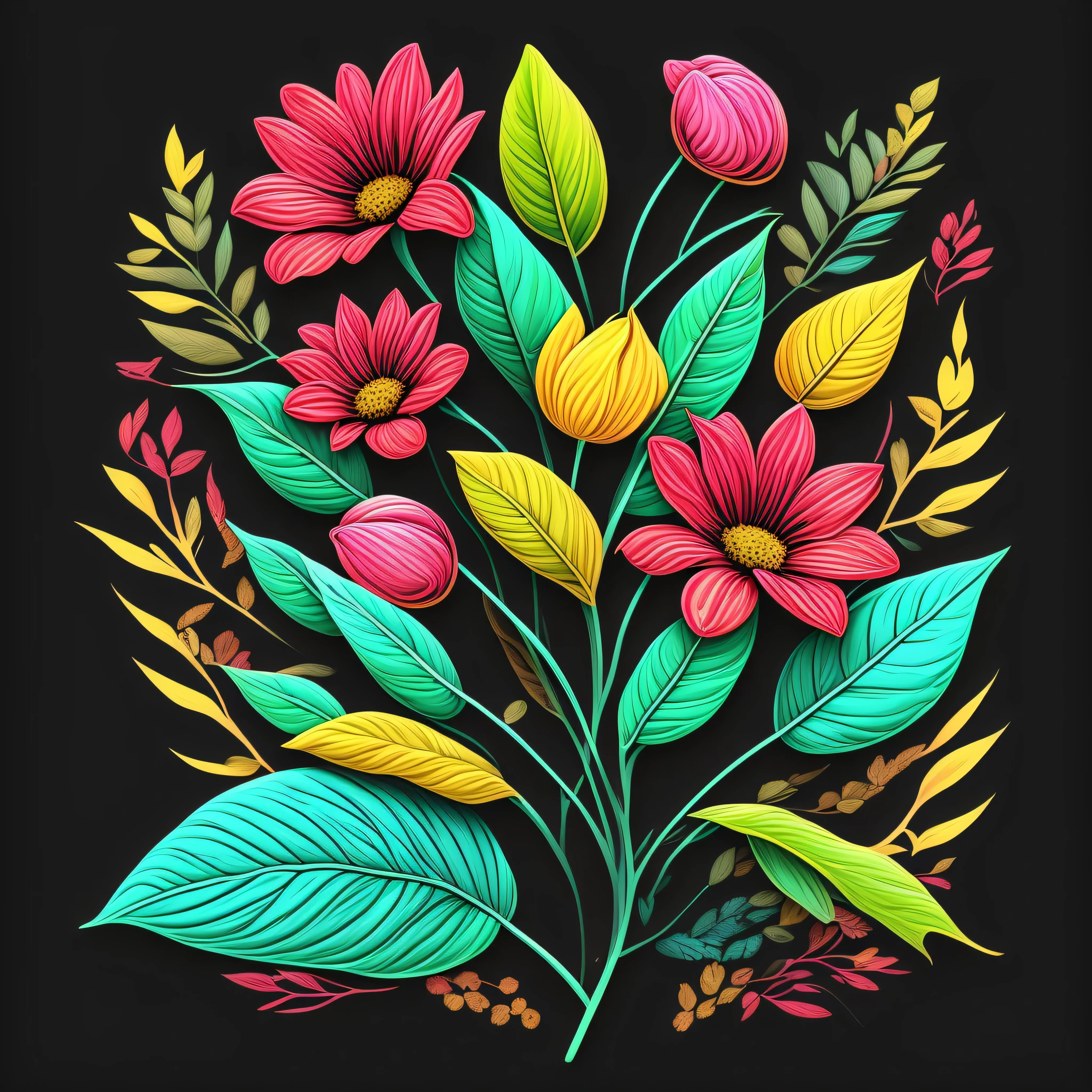 Nature's Blueprint,Leaves, Flowers, Botanical, Organic, 80's vector image, T-shirt design, isolated, black background, green yellow illustration and red only, with cyan color