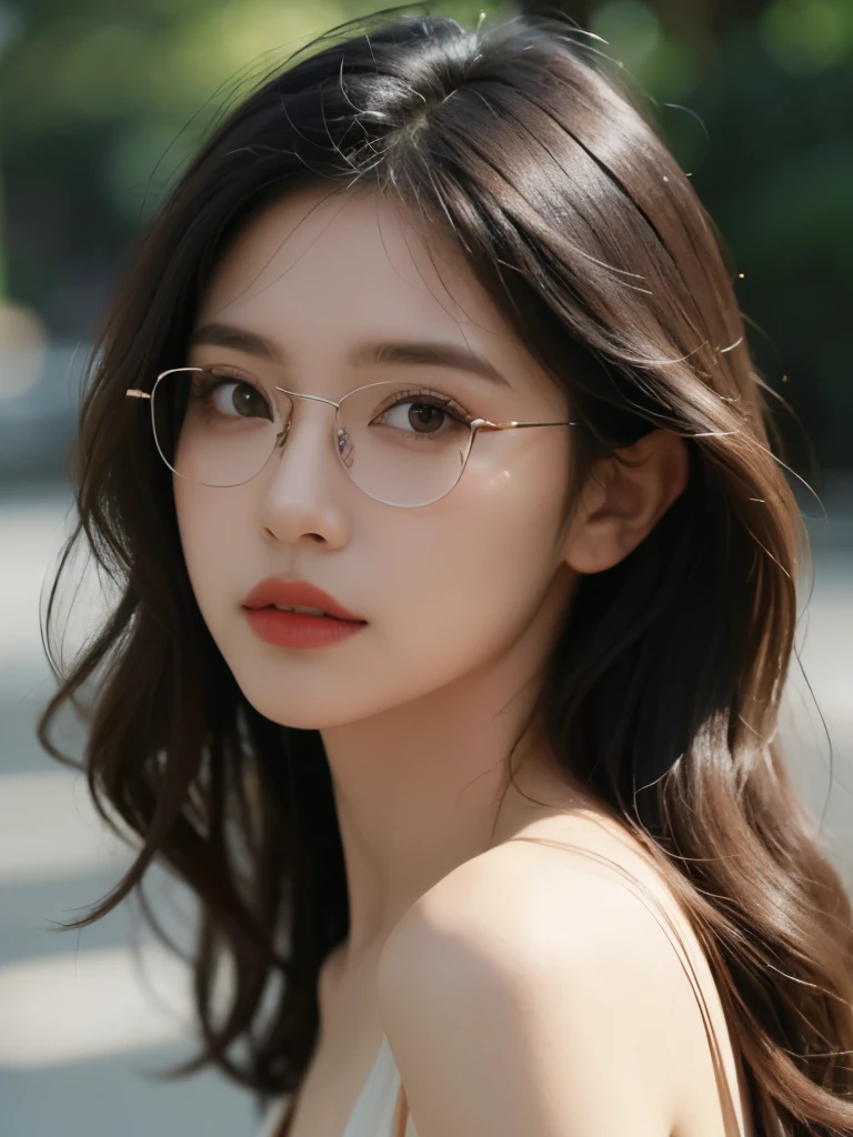 Film portrait photography, 1 girl, bare shoulders,lipstick,(flat chest:1.4), wavy shoulder-length hair, wear glasses,serene, calm, (Realistic and detailed eyes, natural skin texture, Realistic facial details), Soft dramatic lighting, depth of field, Bokeh, Vibrant details, Detailed and detailed, surreal, 35mm film, hazy, ,
