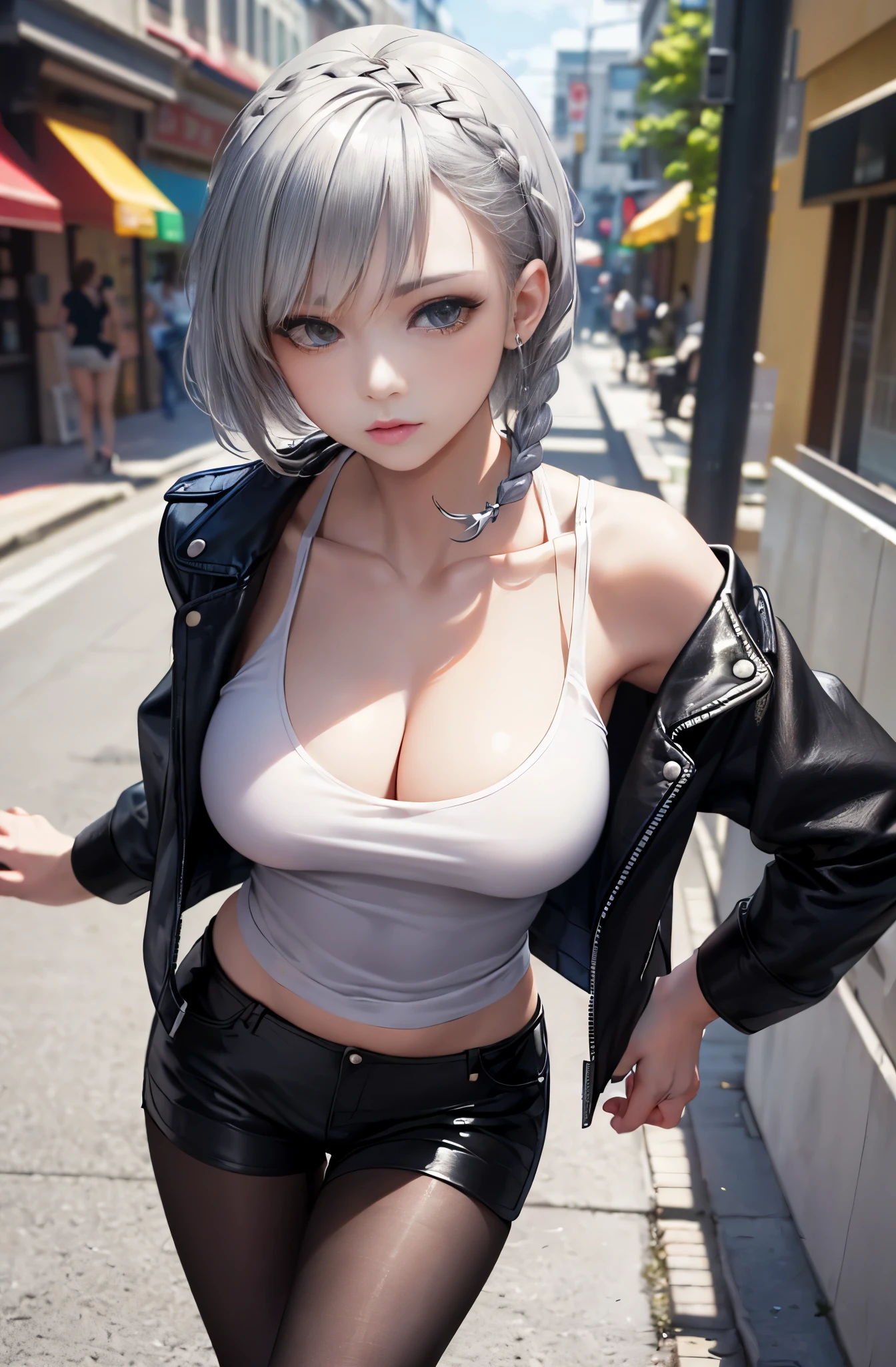 (masterpiece:1.5)、(highest quality:1.5)、(8K:1.2)、(Super detailed:1.2)、(realistic:1.2)、(ultra high resolution:1.2)、(Highly detailed and realistic skin:1.2)、(Very detailed and clean sharp eyes:1.2)、(dynamic pose:1.2)、(dynamic pose angle:1.2)、(walking on a busy road:1.2)、(Black leather jacket:1.2)、(black leather shorts)、(black pantyhose:1.2)、break、(18 year old woman with slender figure:1.3)、(cleavage)、(beautiful eyeliner)、(beautiful eyeshadow)、natural color lip、break、(white tank top shirt)、break、(silver asymmetrical short braid hair:1.3)、(beautiful middle breasts)、(looking down on:1.2)、