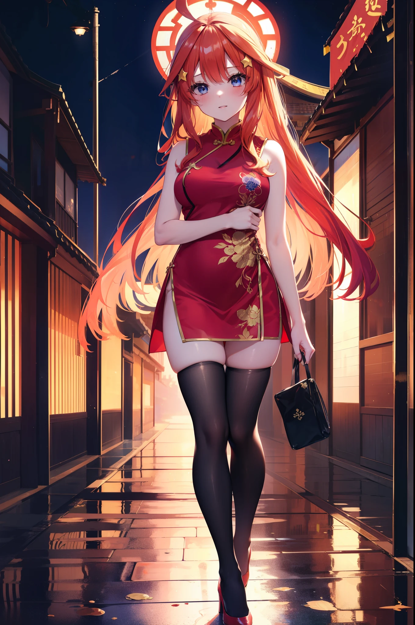 itsukinakano, itsuki nakano, bangs, blue eyes, hair between eyes, Ahoge, redhead, star \(symbol\), hair ornaments, star hair ornaments,long hair,low ponytail,smile,blush,open your mouth,red cheongsam,red china slit,black tights,stiletto heels,put your arms behind your back and look,歩いてる
break indoors, Chinese style streetscape,
break (masterpiece:1.2), highest quality, High resolution, unity 8k wallpaper, (figure:0.8), (detailed and beautiful eyes:1.6), highly detailed face, perfect lighting, Very detailed CG, (perfect hands, perfect anatomy),