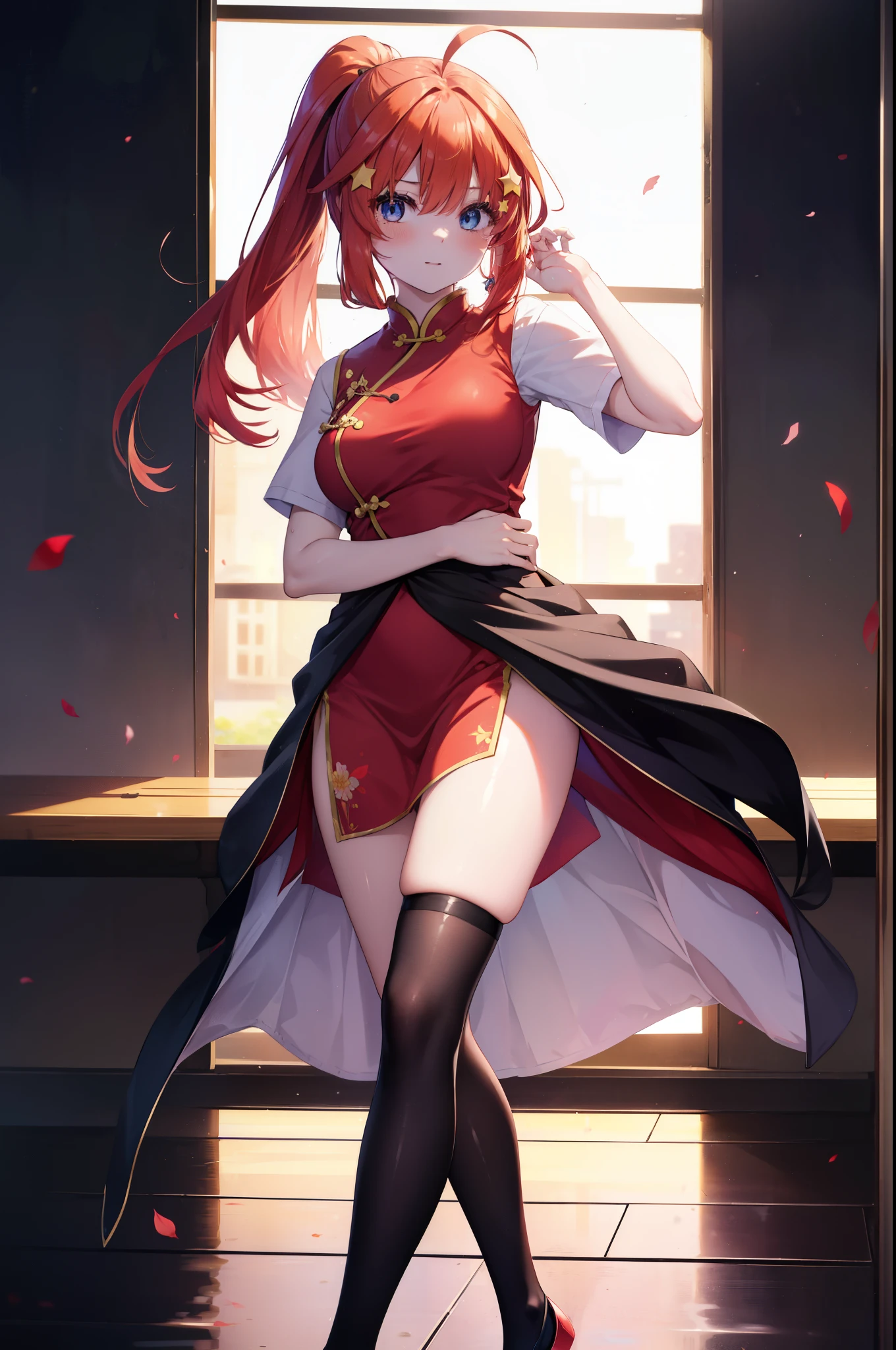 itsukinakano, itsuki nakano, bangs, blue eyes, hair between eyes, Ahoge, redhead, star \(symbol\), hair ornaments, star hair ornaments,long hair,low ponytail,smile,blush,open your mouth,red cheongsam,red china slit,black tights,stiletto heels,put your arms behind your back and look,歩いてる
break indoors, Chinese style streetscape,
break (masterpiece:1.2), highest quality, High resolution, unity 8k wallpaper, (figure:0.8), (detailed and beautiful eyes:1.6), highly detailed face, perfect lighting, Very detailed CG, (perfect hands, perfect anatomy),