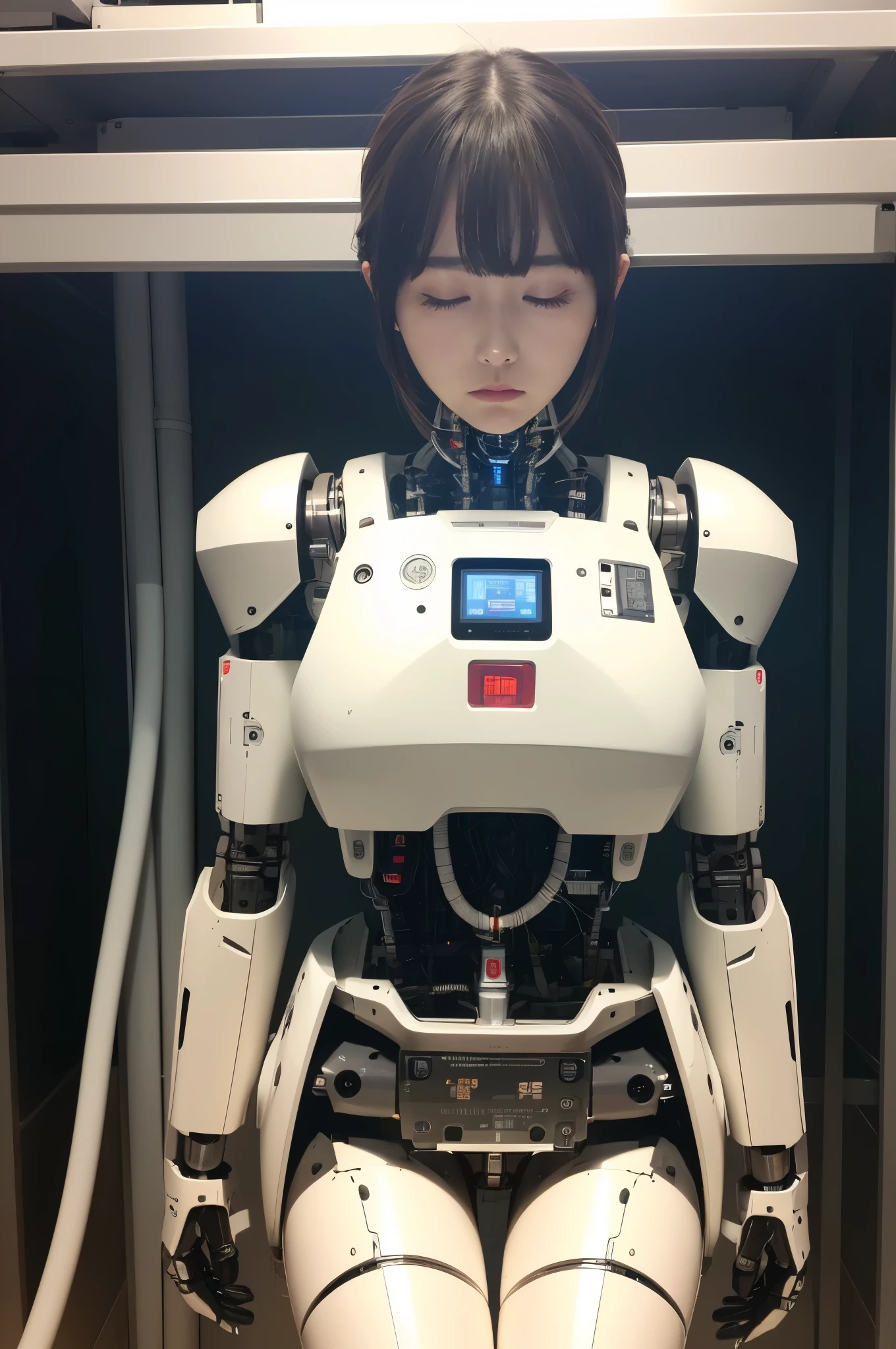 masterpiece, best quality, extremely detailed, Japaese android girl,Plump , control panels,android,Droid,Mechanical Hand, Robot arms and legs,Blunt bangs,perfect robot girl,long tube,thick cable connected her neck,android,robot,humanoid,cyborg,japanese cyborg girl ,future laboratory,robot laboratory,maintenance,connecting a cable between the legs,skirt, She is charging now,（sleep mode:1.5）（closing eyes:1.5）