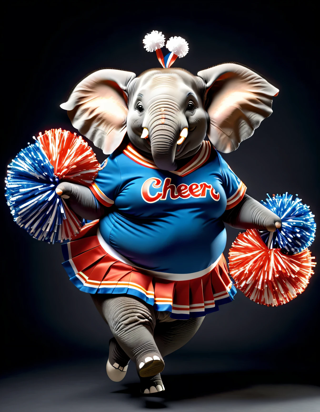 photorealistic portrait of Dressed animals - a ((fat) elephant cheerleader,(cheer dancing:2.0),(jumping:2.0),(big smile),(), high quality,(lovely) ,intricate details, highly detailed ((cheer costume)) ,highly detailed cheer clothes, holding pom-pom in hands,(passion) , highly detailed , (happy), studio lighting,(full body image:1.5)