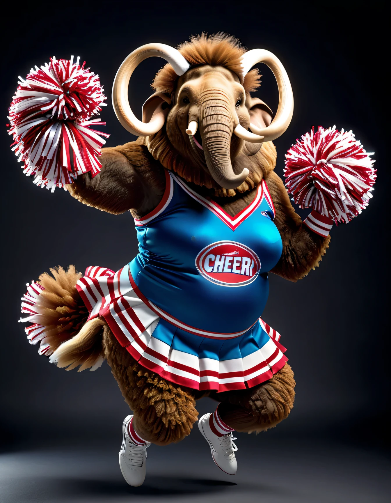 photorealistic portrait of Dressed animals - a ((fat)) buffalo cheerleader,(cheer dancing:2.0),(jumping:2.0),(big smile),(), high quality,(lovely) ,intricate details, highly detailed ((cheer costume)) ,highly detailed cheer clothes, holding pom-pom in hands,(passion) , highly detailed , (happy), studio lighting,(full body image:1.5)
