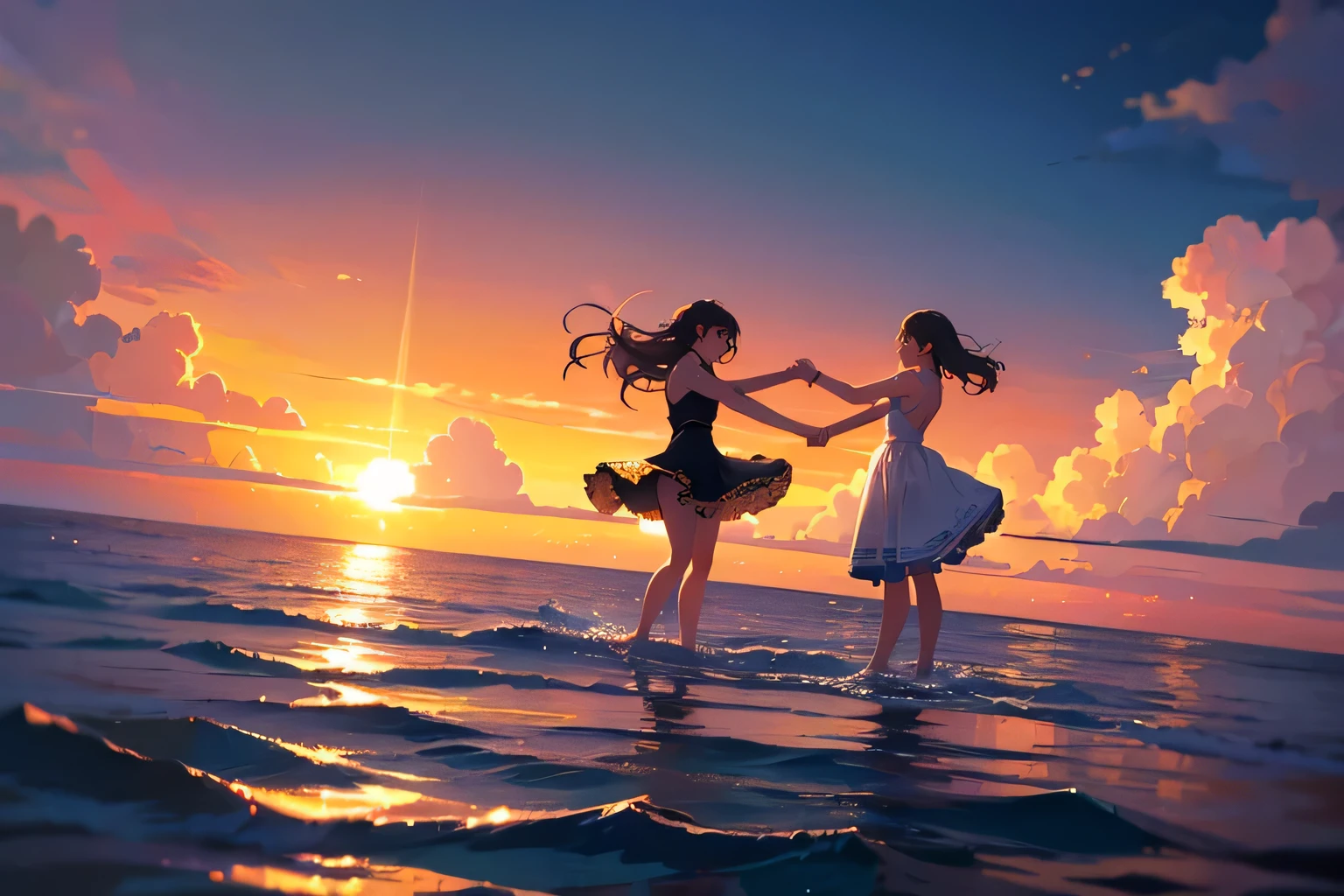 person dancing on the sea surface々, Makoto Shinkai's world, concept art, animation, girls dancing on the sea surface, calm sea, At sea, (in the middle of the sea:1.3), ripple, sunset, (Ballroom dancing), 
(best configuration), (masterpiece), (highest quality), (Ultra high detail), intricate details, texture with intricate details, (wide angle view:1.2)
