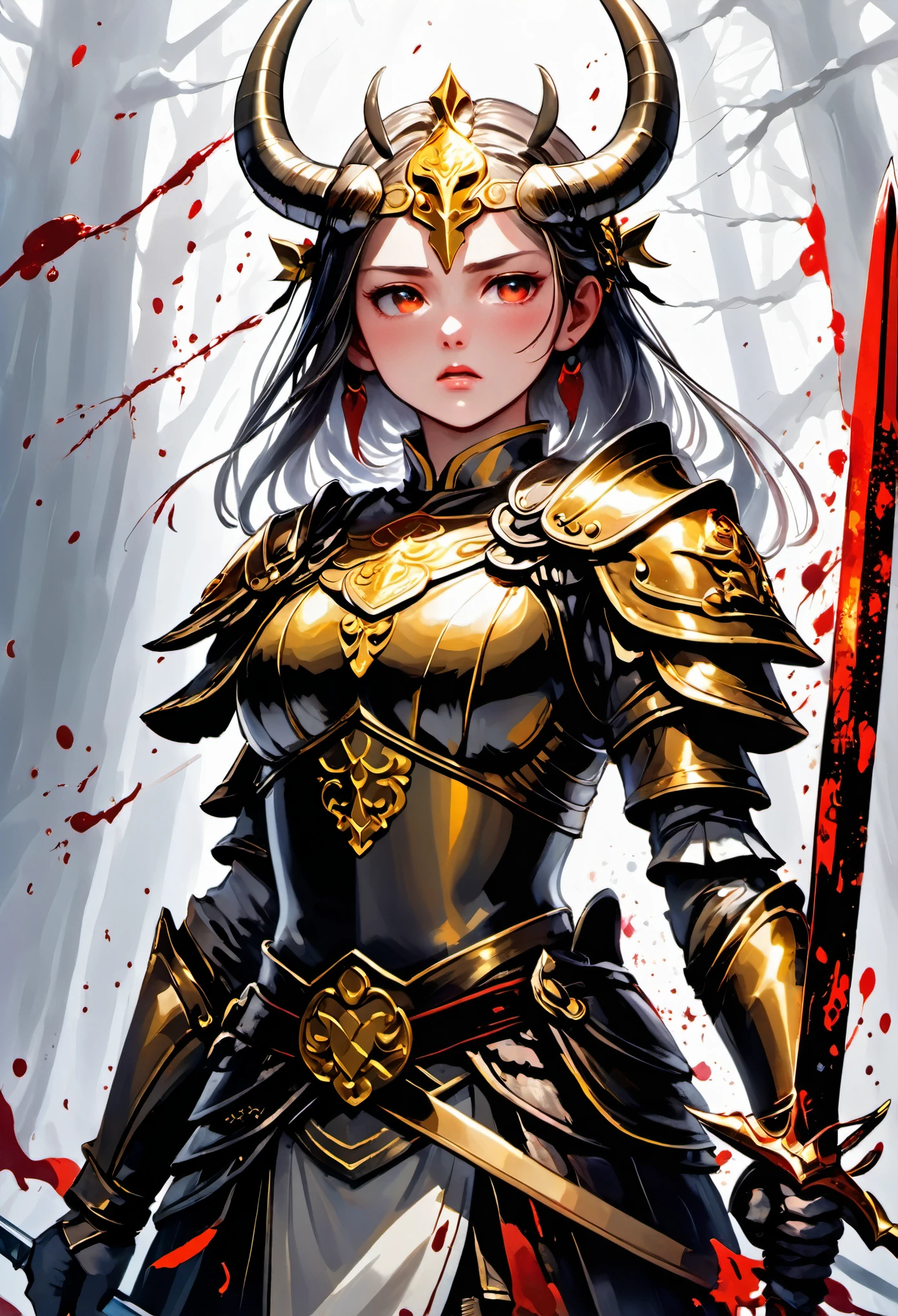 a piece of digital art,Depicts a girl warrior with a golden head and horns,Wearing dark armor,Although seriously injured,But still stand proudly。She holds the sword with one hand,The tip of the sword touches the ground,Lean forward slightly,As if using the last bit of strength to maintain a standing posture。on the other arm,dripping with blood,But she gritted her teeth,The eyes reveal unyielding and perseverance。Her gaze looked straight ahead,As if glaring at the enemy,Even if defeated,I don’t want to lower my proud head。In the background,Splatters of blood surround her,Like the tragic scene after defeat,But it highlights her unyieldingness even more。Full dark tone coloring,A ray of light came from the edge and reflected on the girl's face,Through delicate depiction and profound connotation, this work,It shows the heroic image of a girl warrior who is defeated but unwilling to give in.,It's impressive。