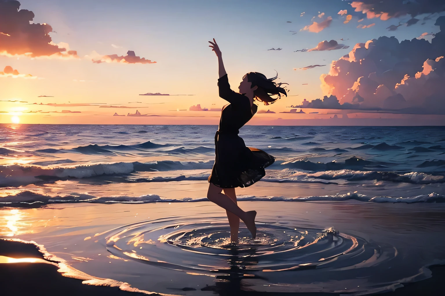 person dancing on the sea surface々, Makoto Shinkai's world, concept art, animation, girls dancing on the sea surface, calm sea, At sea, (in the middle of the sea:1.3), ripple, sunset, (Ballroom dancing),
(best configuration), (masterpiece), (highest quality), (Ultra high detail), intricate details, texture with intricate details, (wide angle view)