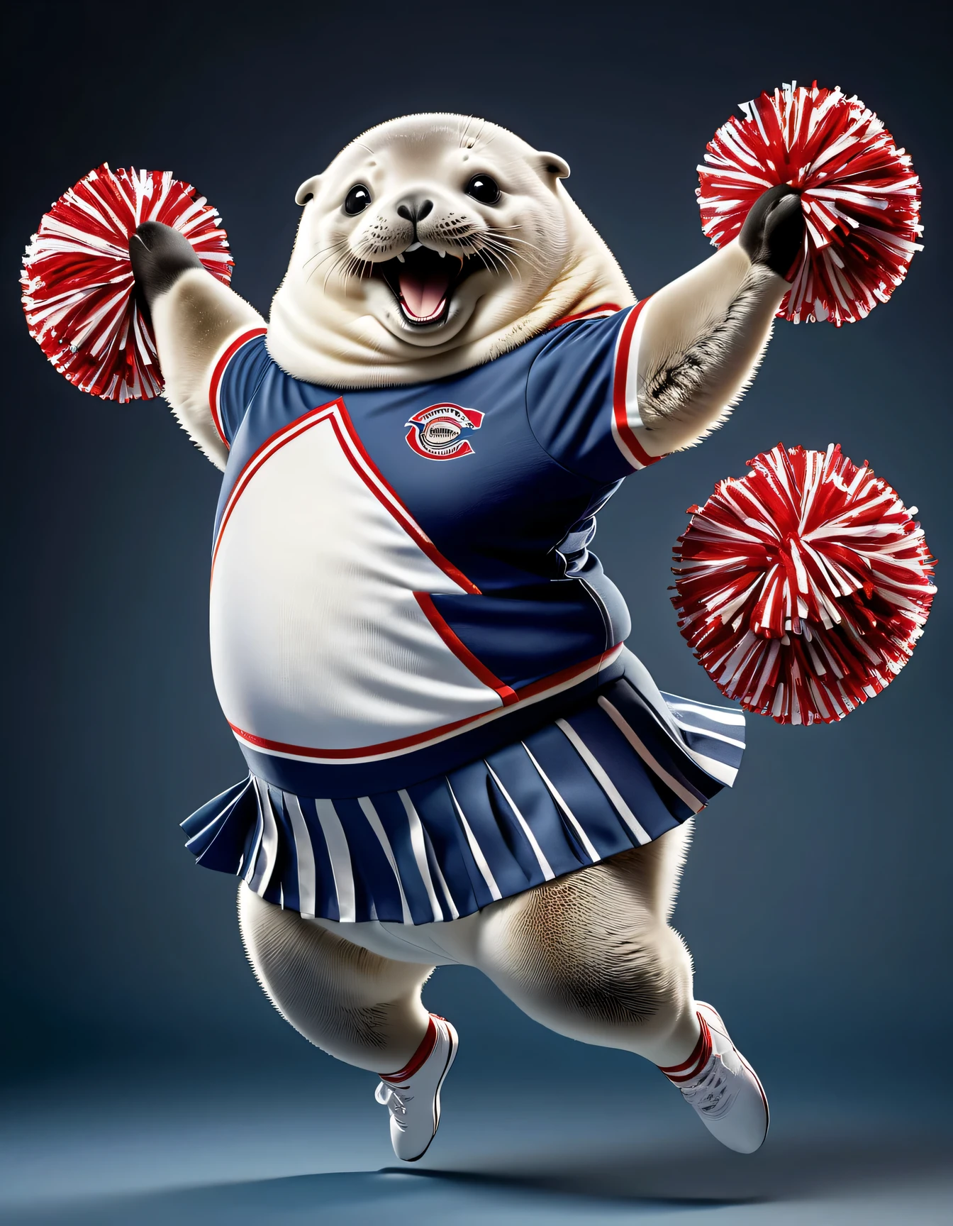 photorealistic portrait of Dressed animals - a ((fat) seal cheerleader,(cheer dancing:2.0),(jumping:2.0),(big smile),(), high quality,(lovely) ,intricate details, highly detailed ((cheer costume)) ,highly detailed cheer clothes, holding pom-pom in hands,(passion) , highly detailed , (happy), studio lighting,(full body image:1.5)