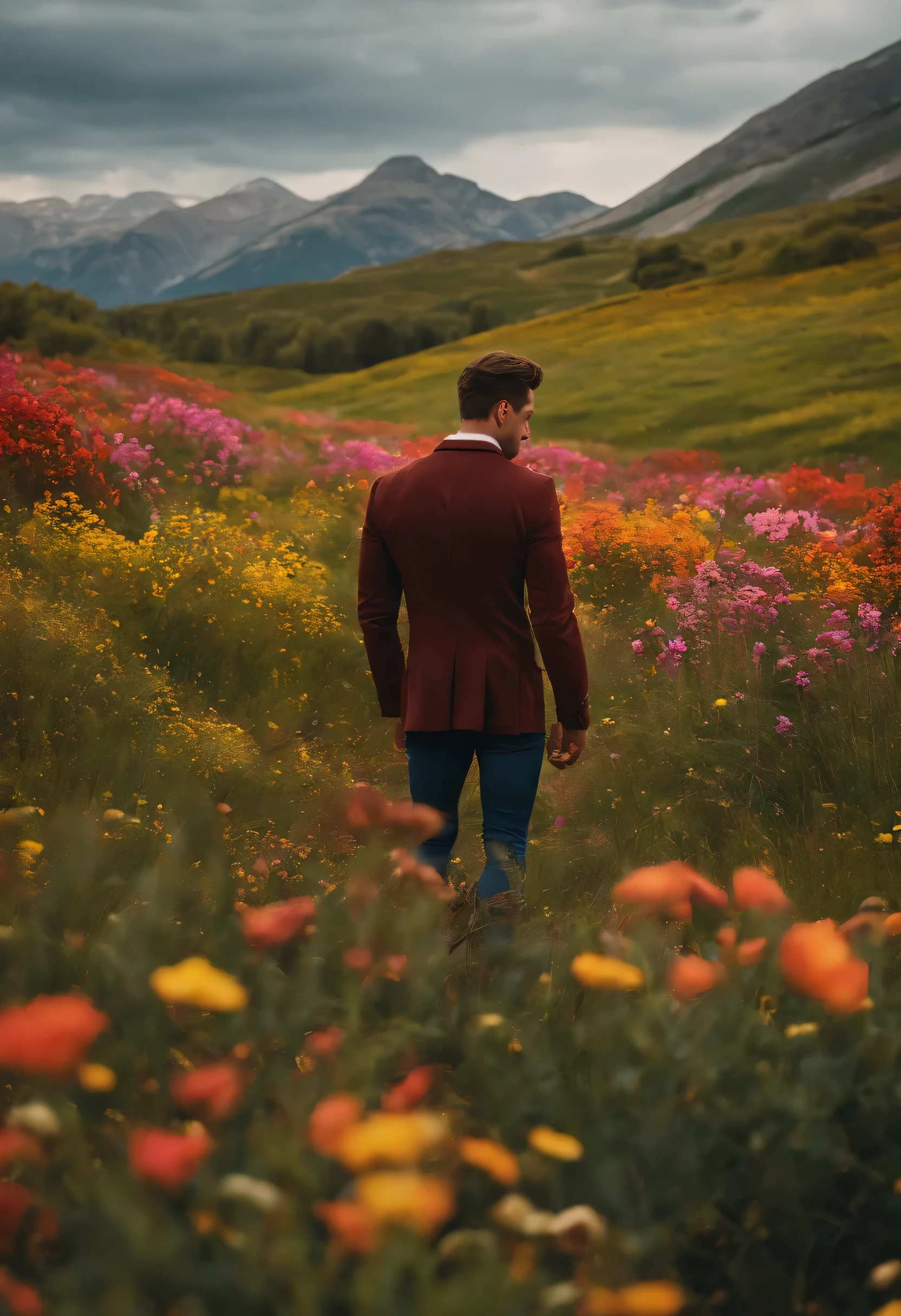 I want a 30 year old boy, en un prado en primavera, surrounded by mountains and carries in his hand some flowers that he picked from the meadow.