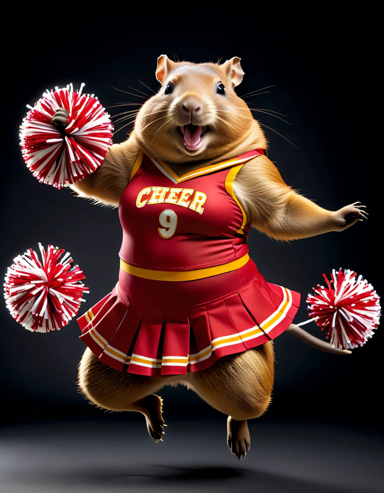 photorealistic portrait of Dressed animals - a ((fat) capybara cheerleader,(cheer dancing:2.0),(jumping:2.0),(big smile),(), high quality,(lovely) ,intricate details, highly detailed ((cheer costume)) ,highly detailed cheer clothes, holding pom-pom in hands,(passion) , highly detailed , (happy), studio lighting,(full body image:1.5)