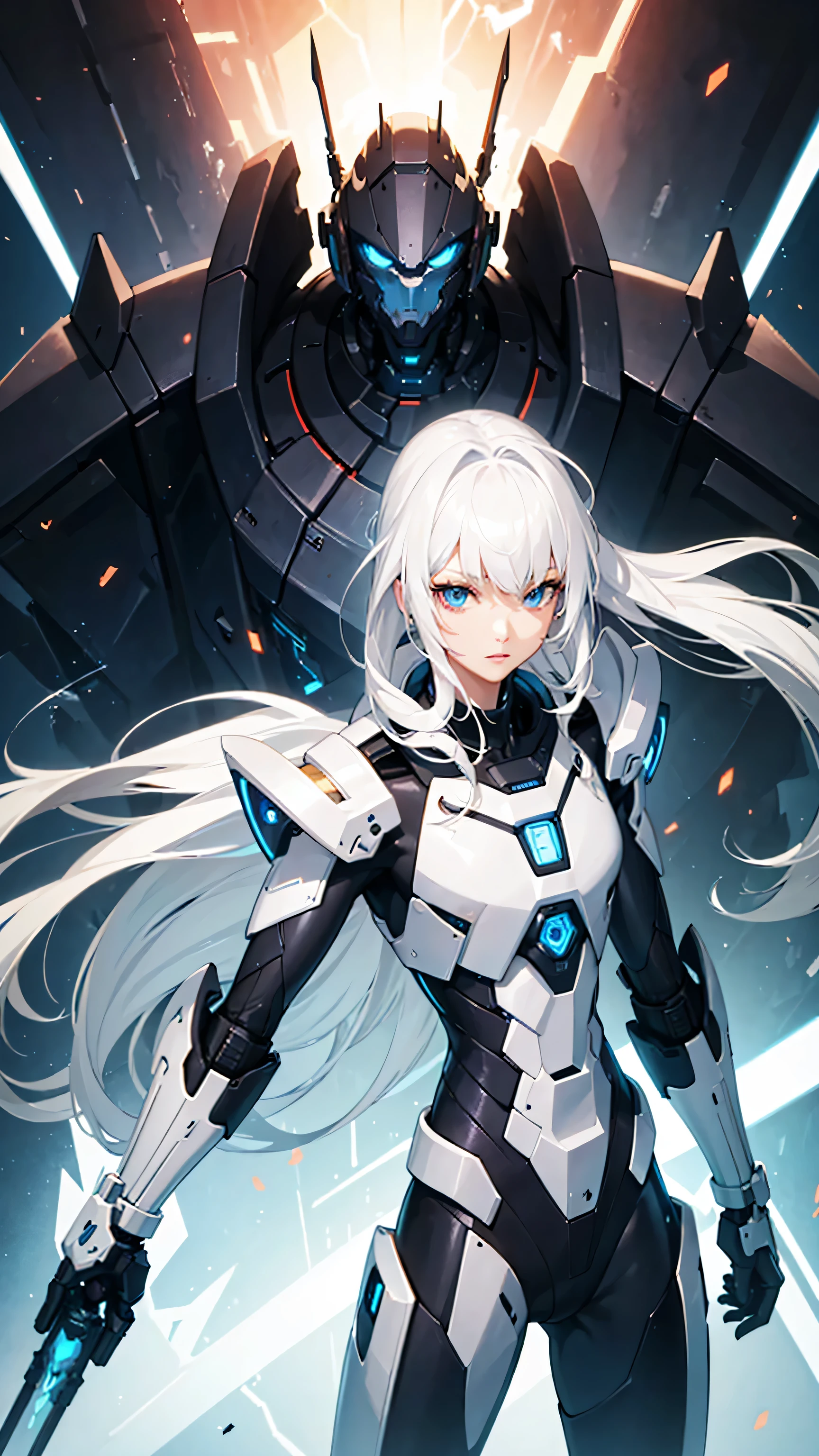 (best quality,high resolution),Mecha man with long bangs and white hair,full body portrait,The facial details are very rich,Beautiful and detailed eyes and lips,A technological sword with thunder properties,Shiny metallic finish,glare,science fiction background