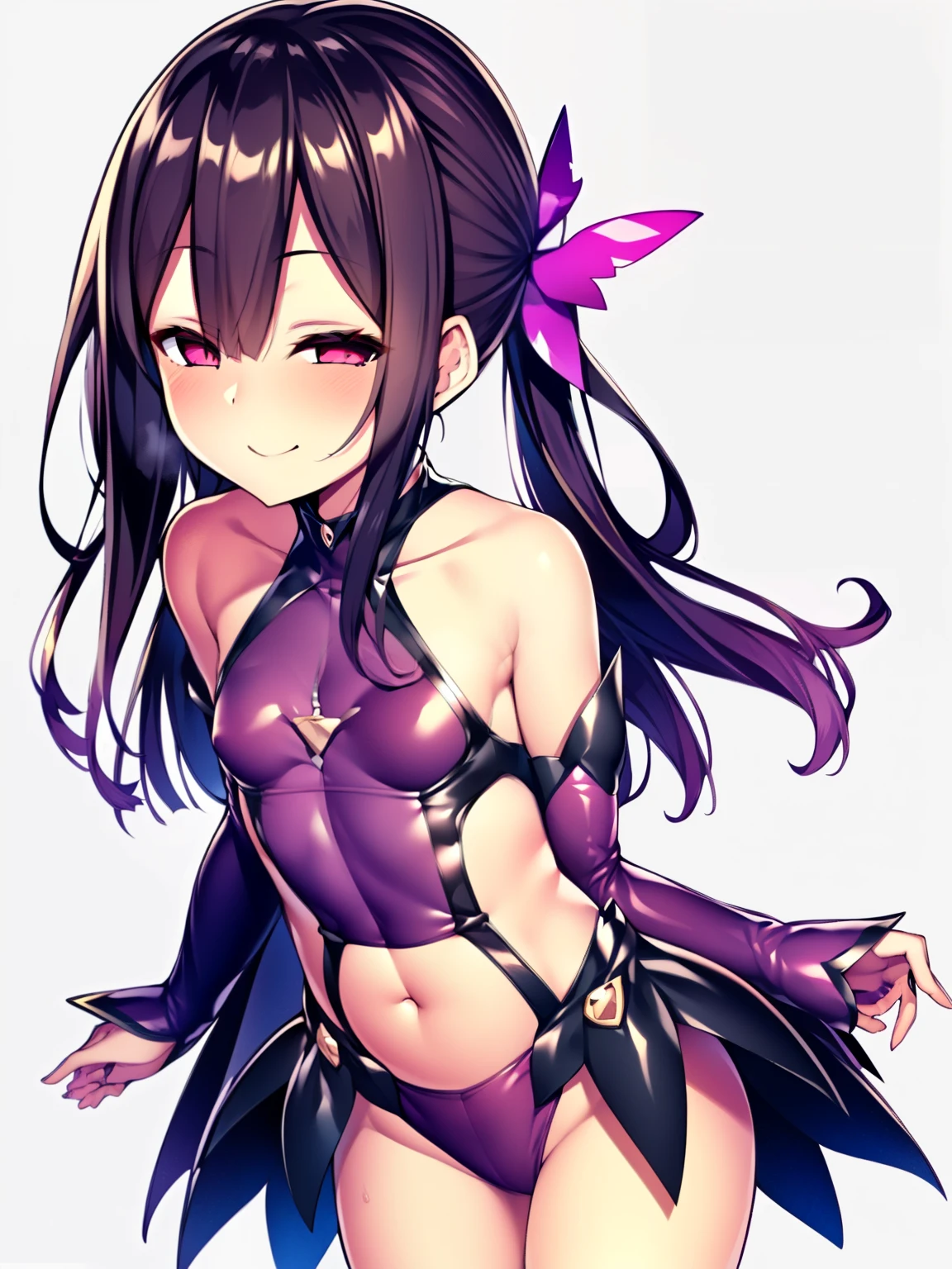 (highest quality, High resolution, perfect pixel, Depth of the bounds written, 4k, beautiful anime girl),
looking at the viewer,
perfect body,
1girl, miyu, pink eyes,
corruption, empty eyes, half-closed eyes, evil smile, no pupils,
belly button, Obscene lines,