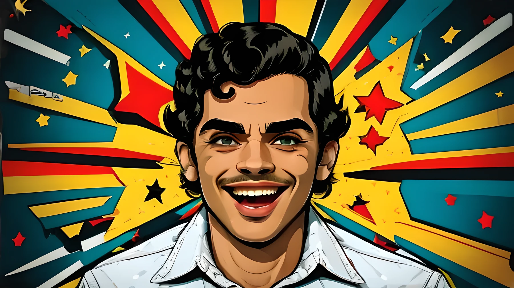  pop art face. man  with black curly hair SMILE and open mouth , dark eyes, Vector background in pop art retro comic dots style