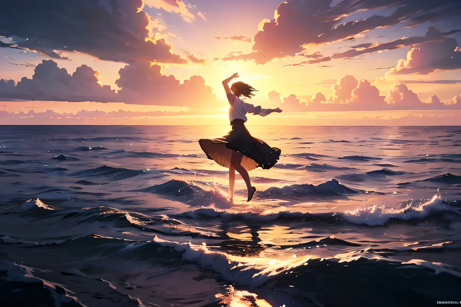 Makoto ShInkaI's world, concept art, anImatIon, gIrls dancIng on the surface of the sea, calm sea, At sea, I(n the mIddle of the ocean:1.3), rIpples, sunset, 
(best composItIon), (MasterpIece), (Best QualIty), (Ultra hIgh DetaIles), IntrIcate detaIls, IntrIcate detaIl texture