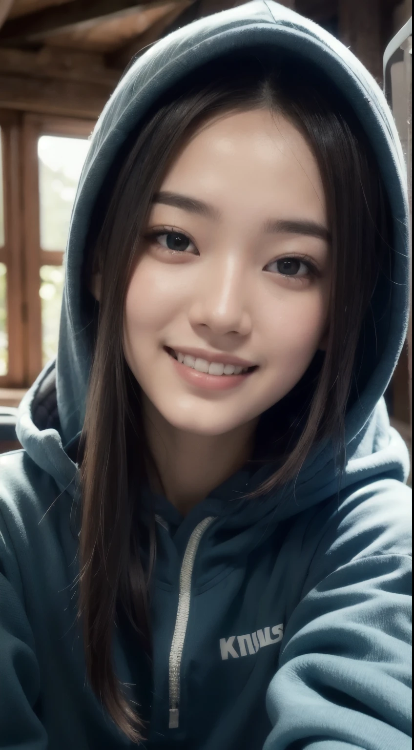 8k, best quality, masterpiece, realistic, ultra detail, photo realistic, hyper realistic, smoother lighting, increase cinematic lighting quality, realistic lighting, backlighting, brightening light, Increase quality, best quality real texture skin, 
close-up, slender, cute face, smile, beautiful details eyes, 19years old korean, pretty, Drill hair with electric blue color, hood,