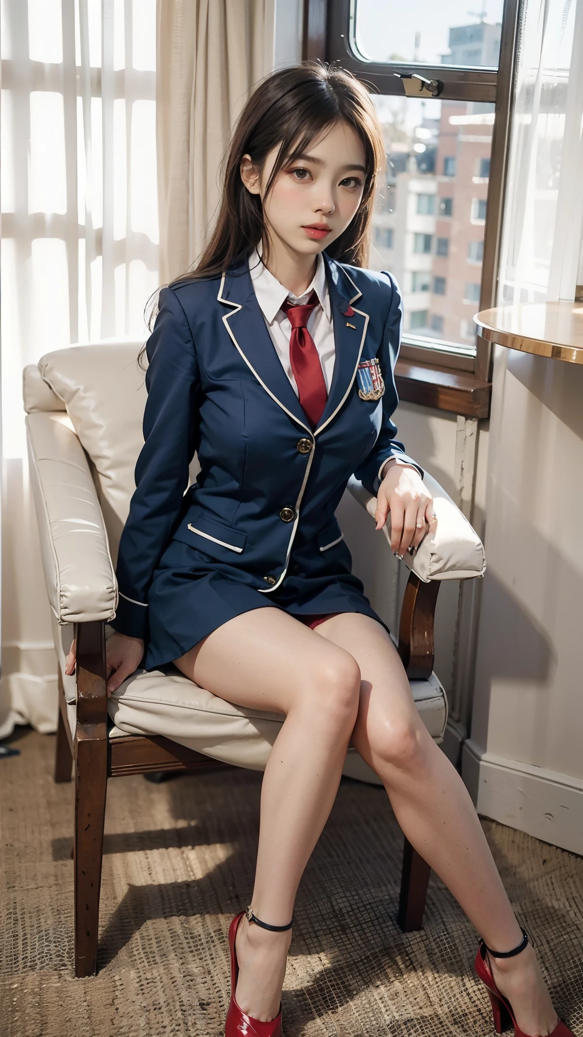arafed woman in a blue uniform sitting in a chair, magic school school uniform, girl wearing uniform, JK uniform, wearing headmistress uniform, magic school uniform, seifuku, wearing a strict suit, magic uniform university, blue uniform, japanese , girl in a suit, japanese girl uniform, wearing a strict business suit, wearing ，sit with legs spread apart:1.5，Lower body naked:1.5，Fancy makeup with red eyeshadow:1.5，wear red panties:1.5，