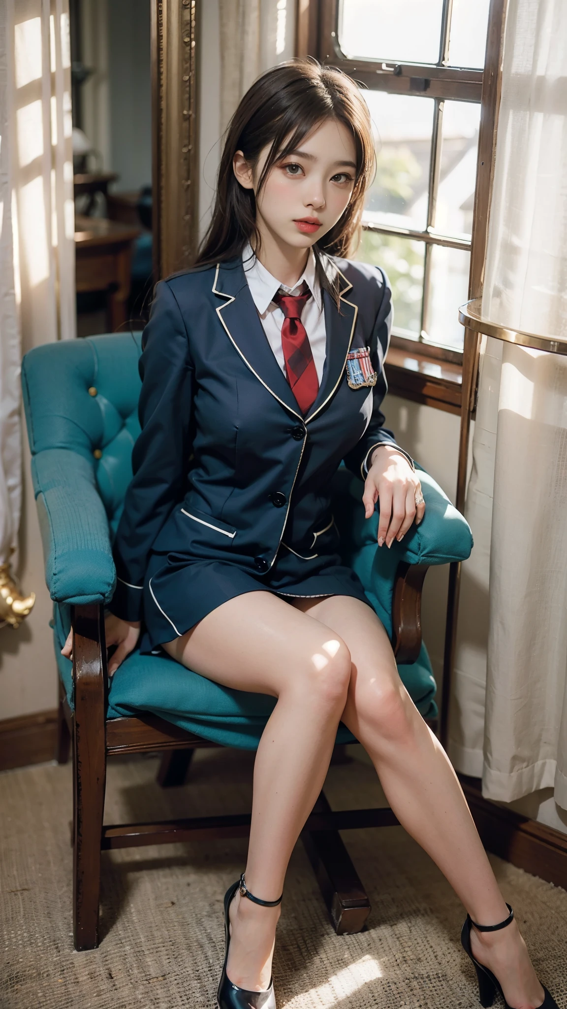 arafed woman in a blue uniform sitting in a chair, magic school school uniform, girl wearing uniform, JK uniform, wearing headmistress uniform, magic school uniform, seifuku, wearing a strict suit, magic uniform university, blue uniform, japanese , girl in a suit, japanese girl uniform, wearing a strict business suit, wearing ，sit with legs spread apart:1.5，Lower body naked:1.5，Fancy makeup with red eyeshadow:1.5，wear red panties:1.5，
