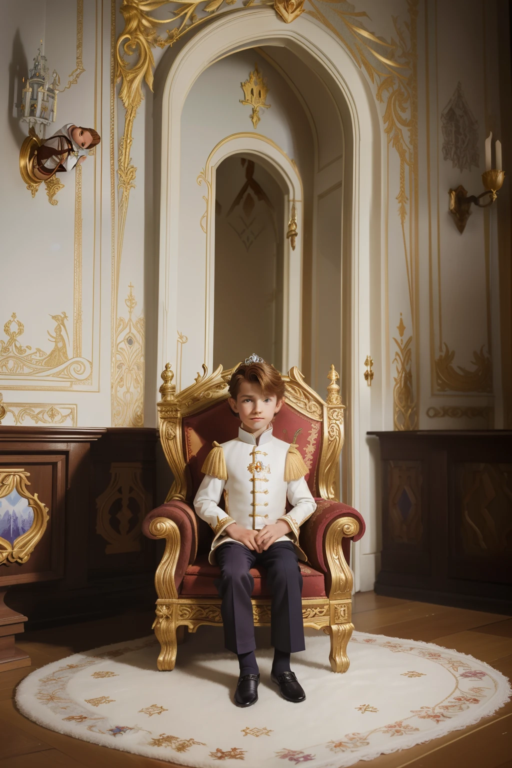 Fairytale Kingdom of Fantasia. In the entrance of the white ivory tower, ((((10-year-old)) Bastian Balthazar Bux)), german boy, shy, lively eyes. ((((german classic prince clothings)))), ((dark-chestnut hairstyle)). Sitting in a throne made of colored mirrors.