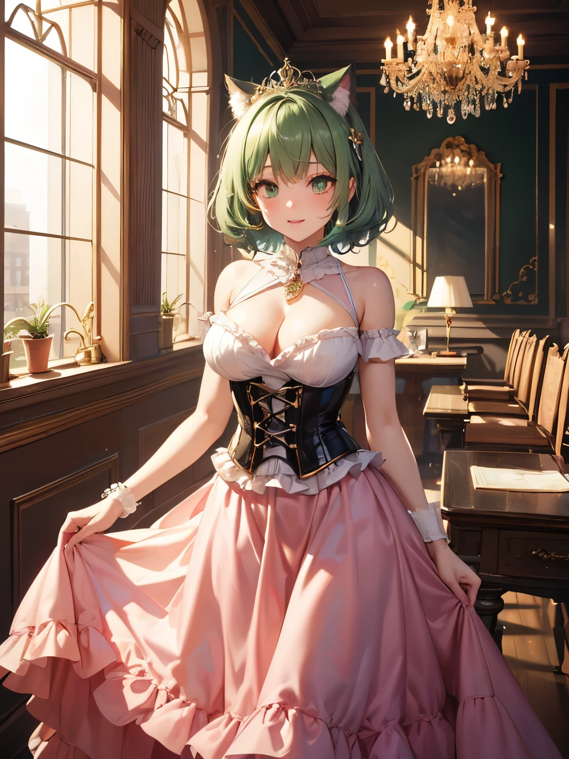 highest quality,wonderful,masterpiece,delicate,ultra high resolution,Super detailed,intricate details,beautiful,8K resolution,(Highly detailed CG Unity 8K wallpaper),sharp focus、anime、fiction、one woman、dark green hair girl 、Metallic colored hair、short hair、Cat ear、big breasts、vivid hair、shaggy hair、messy hair、vivid skin、Glossy skin、 face、lolita、short、cute、beautiful eyes、happiness、Pleasure、笑face、Calm impression、princess、cute柄のドレス、Light pink red and green dress、long skirt、tiara、corset、Inside the city、red and gold carpet、indoor、gorgeous layout、beautiful room、royal palace、chandelier、bright、dazzling、illumination、luxury ring、Luxury accessories