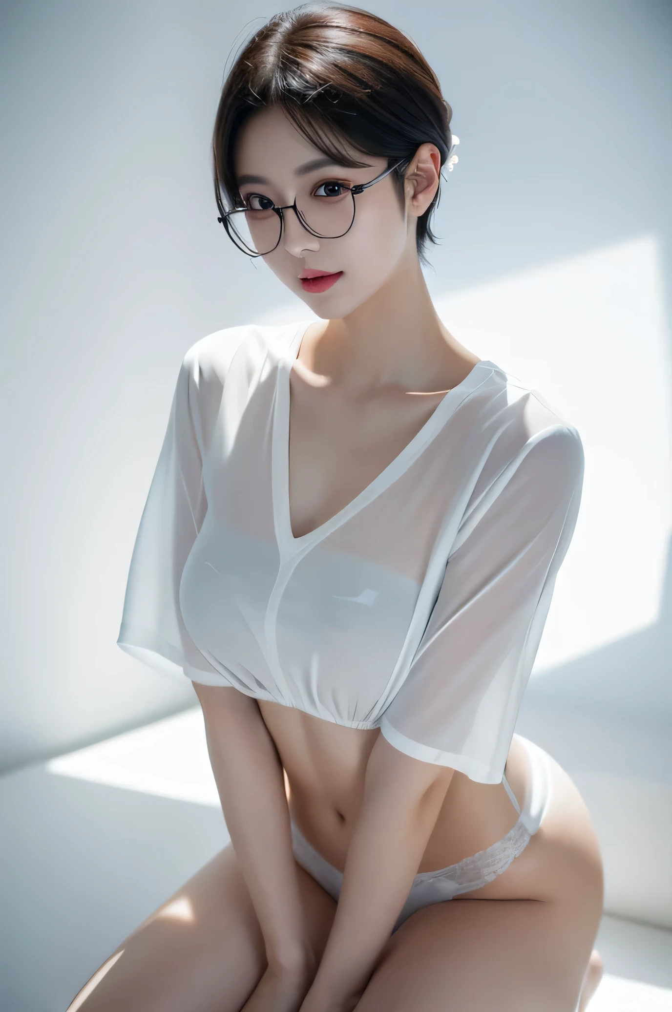 sweet expression, kneeling, Hands are clamped, white glasses, white short hair, (8K, original photo, lifelike:1.25) ,( lip gloss, eyelash, shining face, shiny skin, best quality, ultra high resolution, depth of field, Color difference, Caustics, wide light, natural shadow, kpop idol) Looking at the audience with the calmness and happiness of a goddess, whole body, big breasts, white underwear, Black, see through shirt, White shirt, secretary