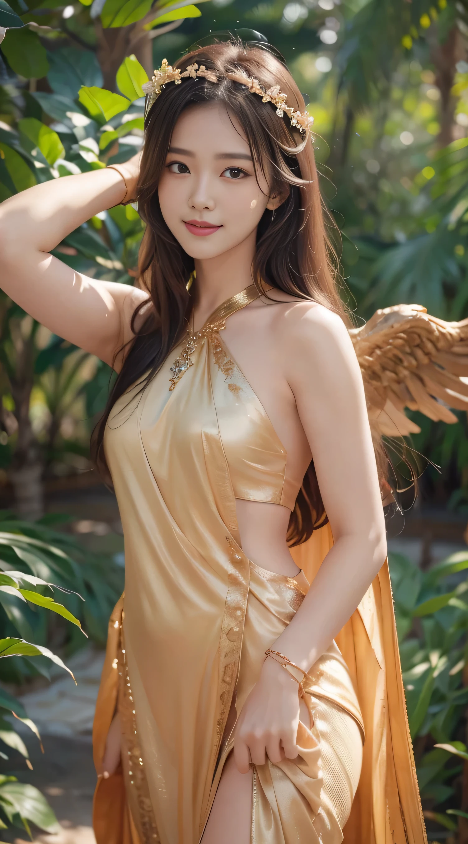 8k, best quality, Masterpiece, Ultra high resolution, (realism: 1.4), original photo, (Realistic skin texture: 1.3), (Film texture: 1.3), ( มุมระยะfar ) , 1 girl, goddess , Please smile. , looking down., look at viewer, A long, white fairy dress with a pronounced tree branch pattern.. , Beautiful Eyes and Facial Details, Masterpiece, best quality, far , See every part of the body. , looking at the audience , bright