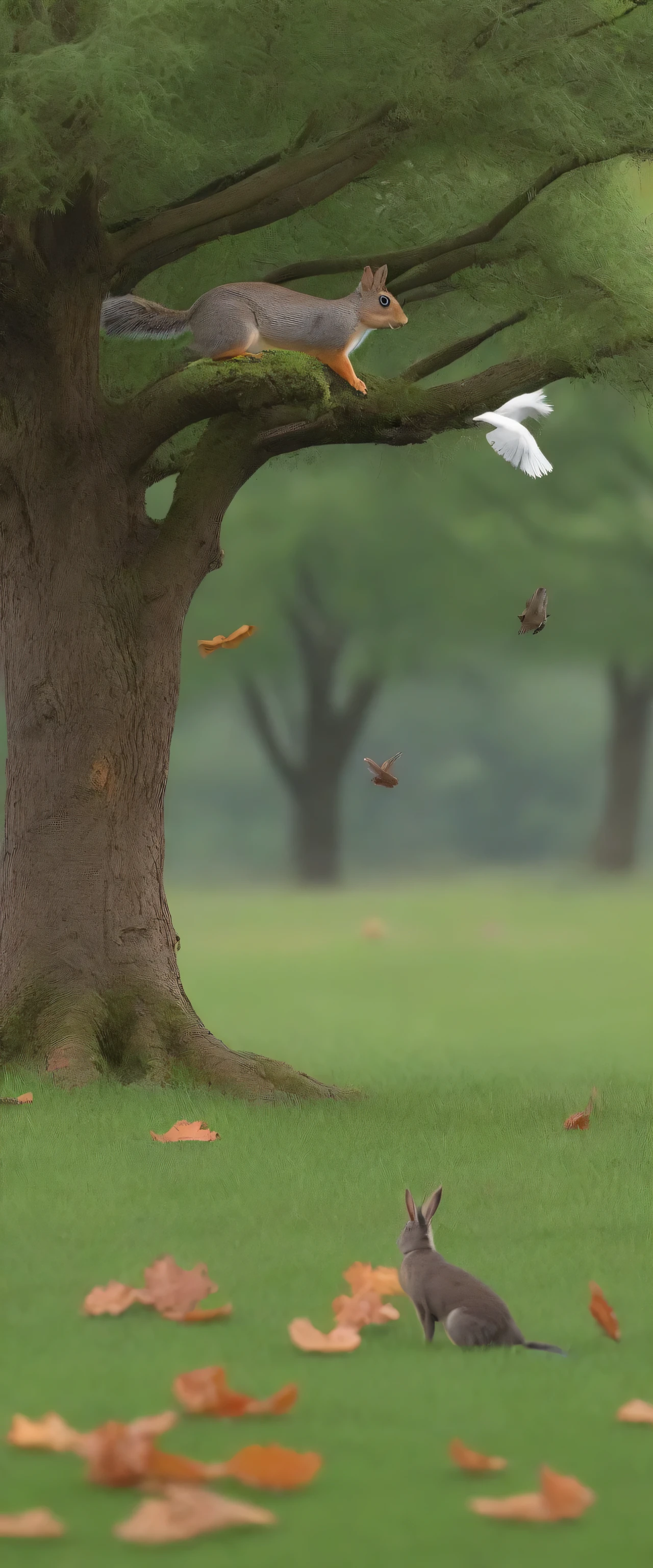 Squirrel on top of a tree and a rabbit on a grassy ground with a trees at back and a birds flying a deer eating grass and a fix that walks in the garssy ground and aditional details of a leafs falling