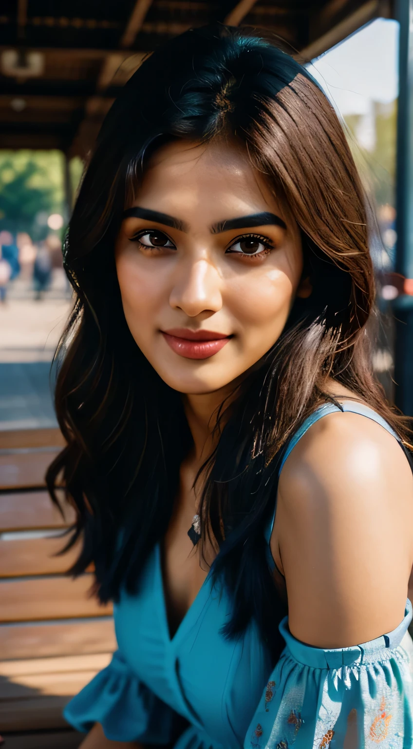 (Rhea Chakraborty:0.3), (Alia Bhatt:0.6), (Kriti Sanon:0.7), ((close-up, editorial photograph of a beautiful mature Indian college girl)), (highly detailed face:1.4, smile, detailed eyes blue), ((slim, flawless complexion, perfect eyes, long flowing brunet hair, skin pores texture)) POV, ((blue sun dress)), ((sitting on a bench)), (London Bridge) background, (Ultra realistic illustration), hyper realistic, sharp focus, unreal engine, photorealistic, photo, masterpiece, realism, photorealism, high contrast, by lee jeffries, nikon d850, film stock photograph, 4 kodak portra 400, camera f1.6 lens, rich colors, hyper realistic, lifelike texture, natural lighting , cinestill 800, depth of field