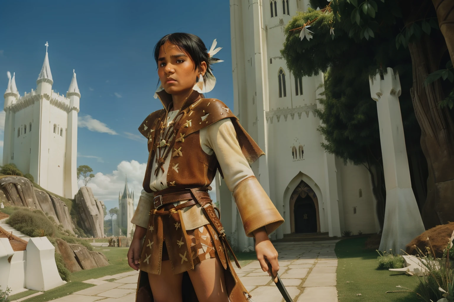 Fairytale Kingdom of Fantasia. Outside the ((((white ivory tower)))), ((((10-year-old)) Atreyu)), olive green skin, tall, athletic, brave, wise, ((worried expression)), wielding a sword. ((((suede and leather indigenous clothings)))), ((blueish-black hairstyle)).