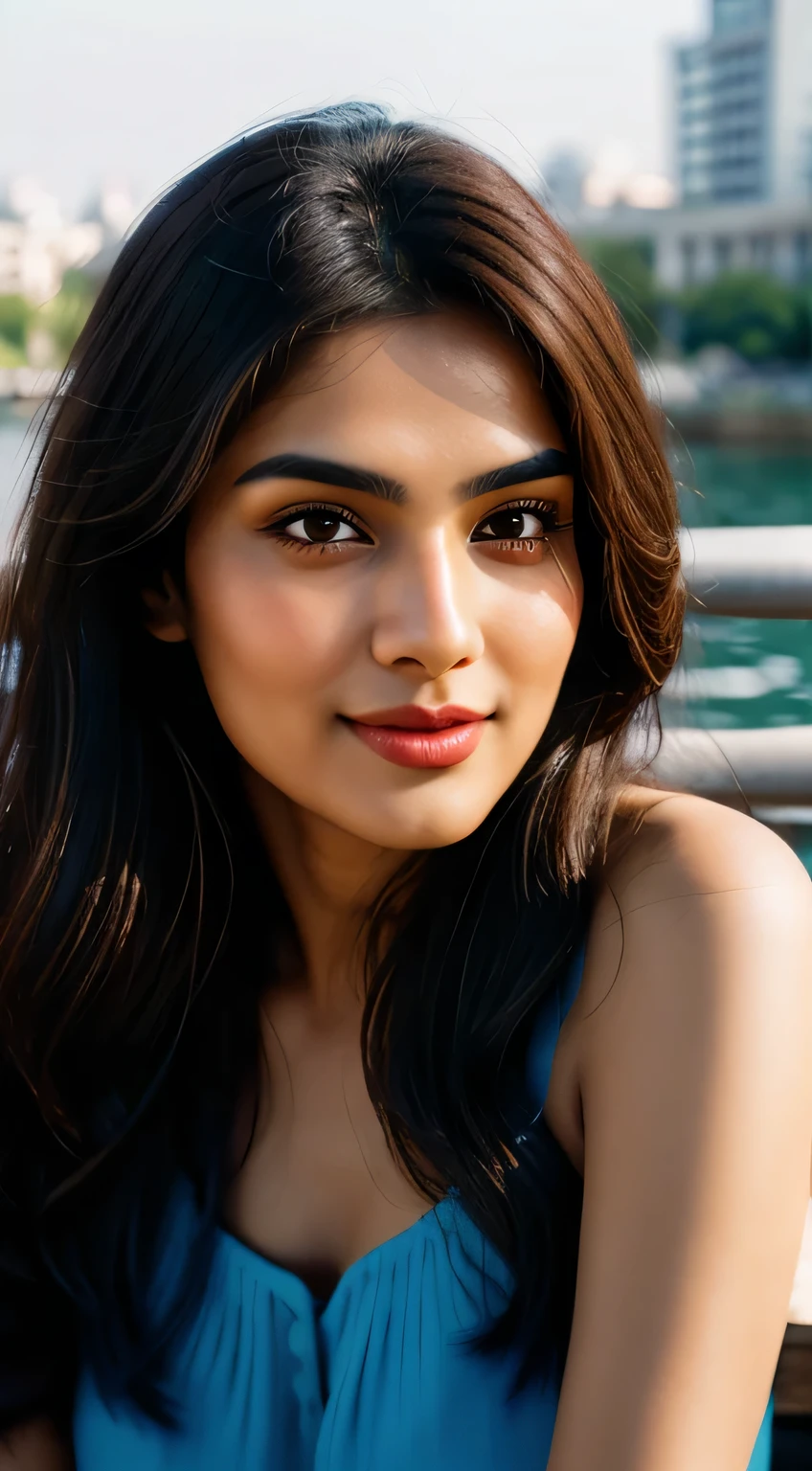 (Rhea Chakraborty:0.3), (Alia Bhatt:0.6), (Kriti Sanon:0.7), ((close-up, editorial photograph of a beautiful mature Indian college girl)), (highly detailed face:1.4, smile, detailed eyes blue), ((slim, flawless complexion, perfect eyes, long flowing brunet hair, skin pores texture)) POV, ((blue sun dress)), ((sitting on a bench)), (London Bridge) background, (Ultra realistic illustration), hyper realistic, sharp focus, unreal engine, photorealistic, photo, masterpiece, realism, photorealism, high contrast, by lee jeffries, nikon d850, film stock photograph, 4 kodak portra 400, camera f1.6 lens, rich colors, hyper realistic, lifelike texture, natural lighting , cinestill 800, depth of field