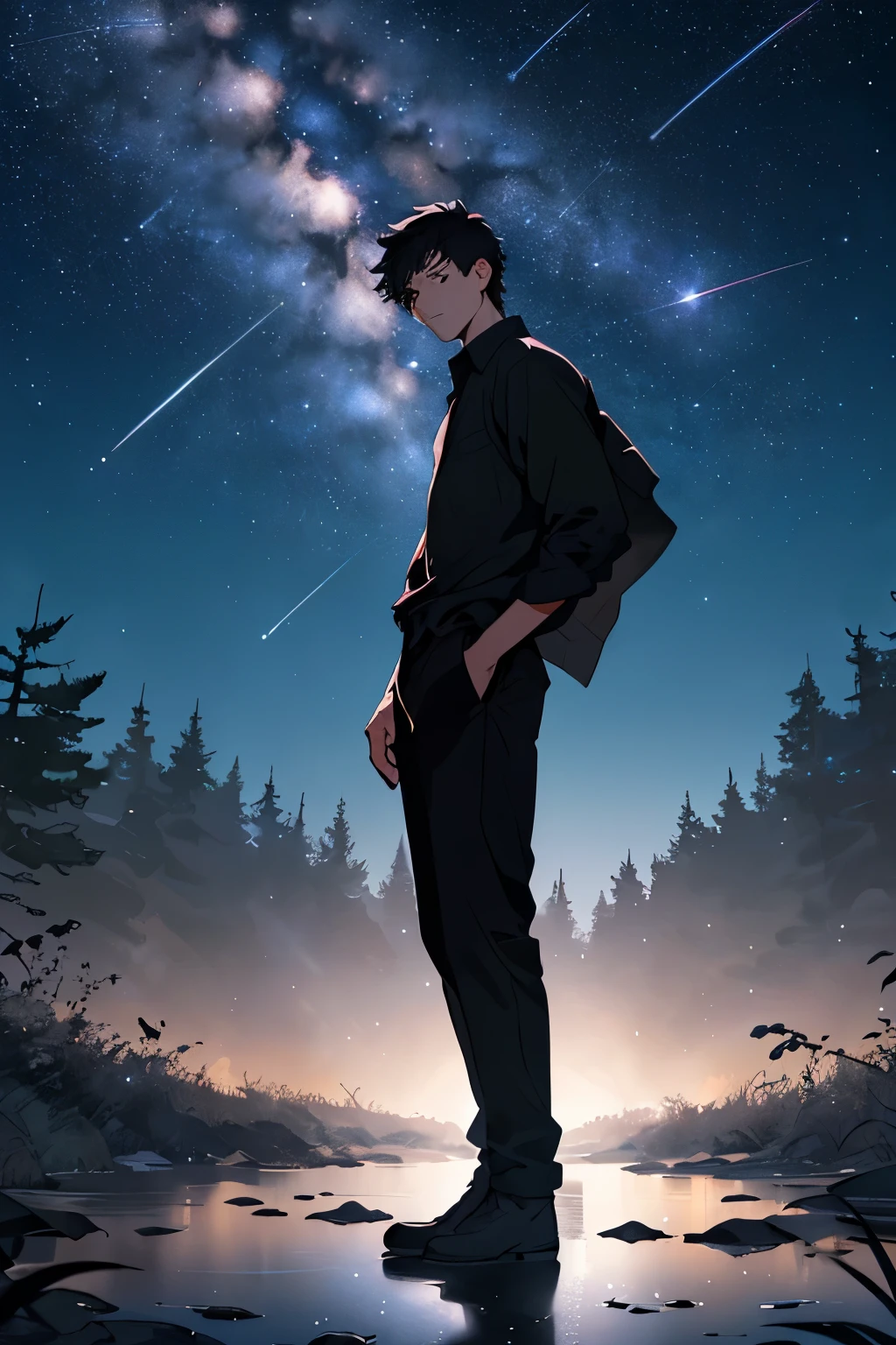A young man stands in the center、short black hair、Dirty old work clothes、A deep shadow is cast over his body、Hair is stiff、There are several stars and meteor showers in the evening sky.、The tips of the bushes are visible on the left and right.、mysterious and beautiful scenery、