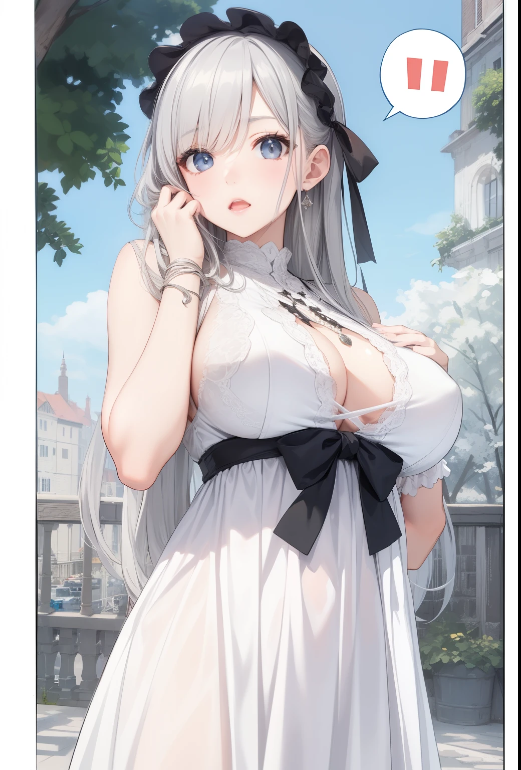 big breasts:1.5、、highest quality、very detailed、Very realistic eye masterpiece、highest quality、very detailed、gray hair、perfect face、long hair、white dress、sundress、