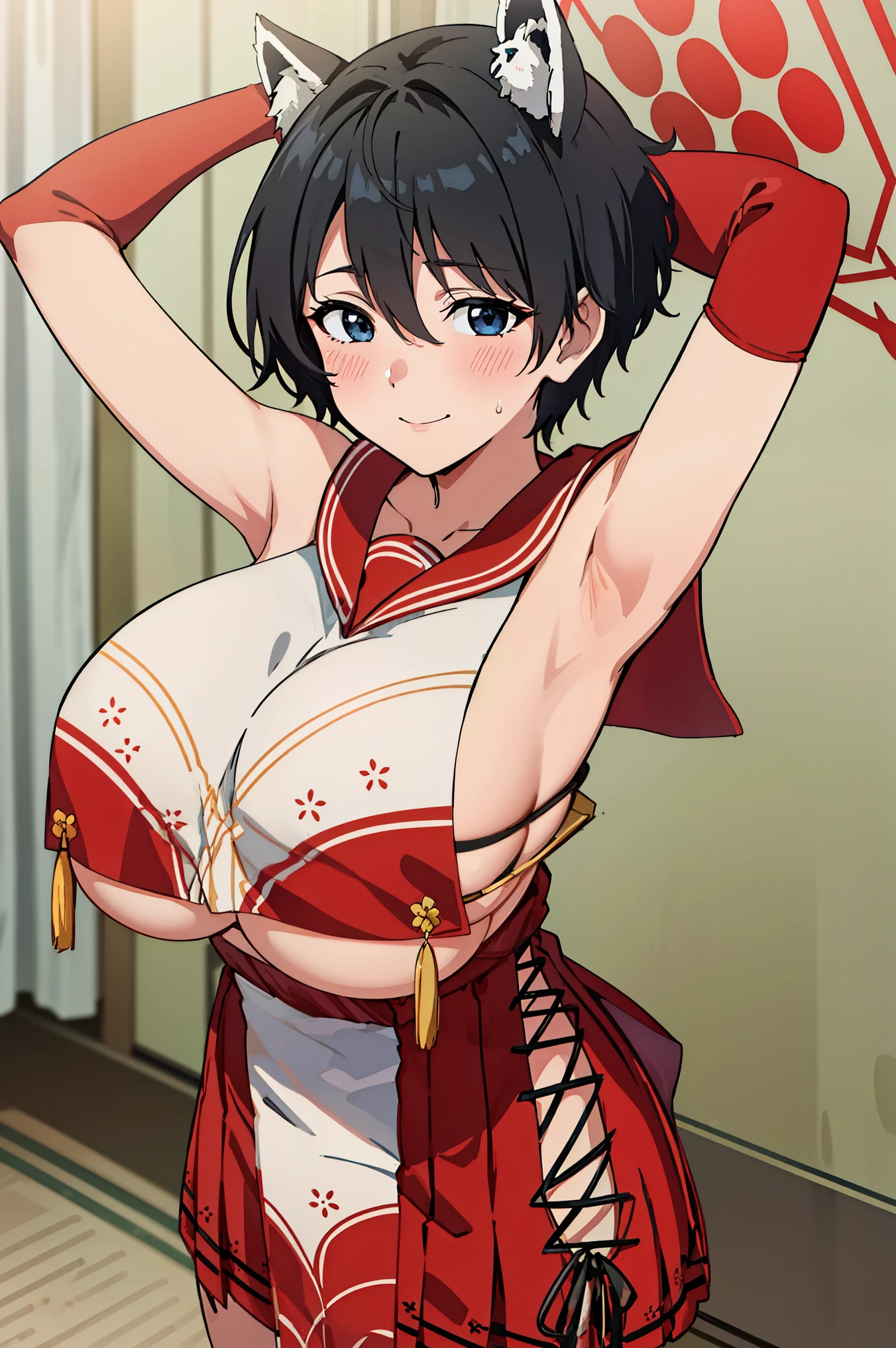 anime cel style, highest quality, High resolution, (raise your arms:1.2), 1 girl, (huge breasts:1.4), camellia_blue archive, short_hair, black_hair, animal_ear, 前hair, hair_between_eye, Hello, black_eye, outfit-camellia, chest curtain, red skirt, red sailor collar, elbow bag, blush, embarrassing, null, smile