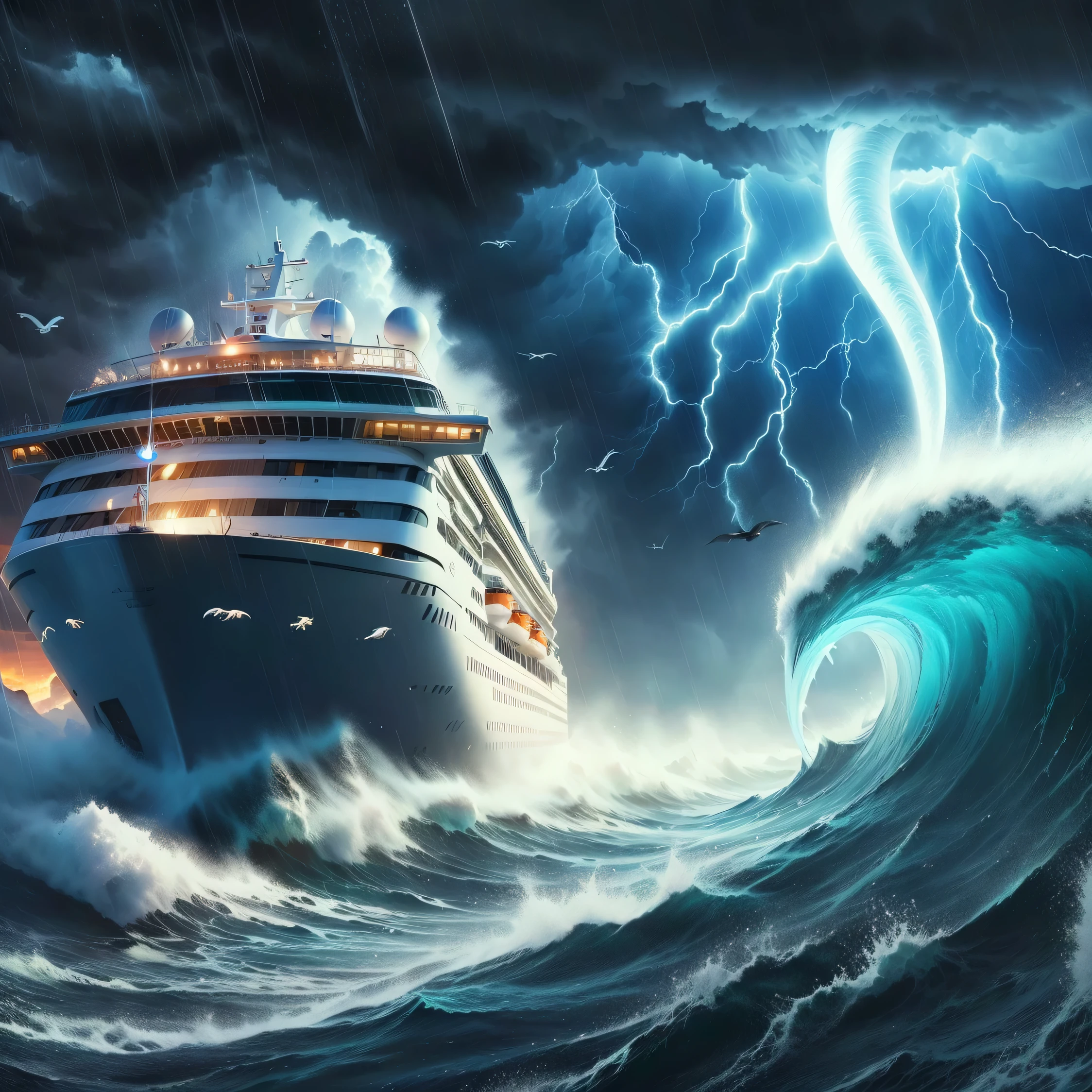 arafed cruise ship in a storm with lightning and seagulls, a ship lost in a storm, storm at sea, ocean storm, shockwaves are coming out, stormy seas, a violent storm at sea, sea storm, standing in a maelstrom, best on adobe stock, in a storm, in rough seas with large waves, by Wayne England