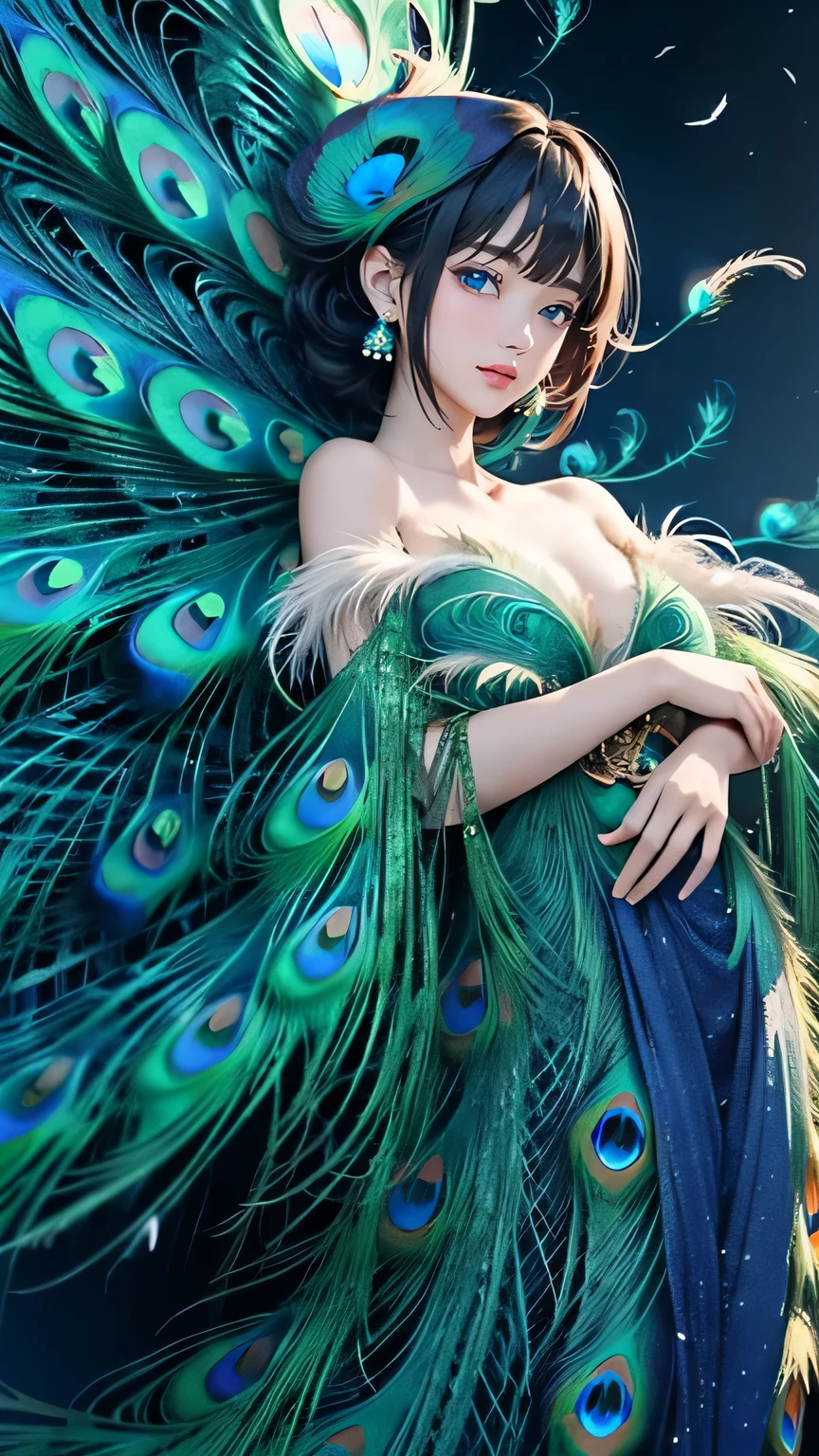 (((masterpiece))),((highest quality)),one beautiful japanese girl,pale, (A fusion character of humans and peacocks: 1.5), ((flashy)), (covered in feathers: 1.5), (colorful clothes), (expose one's skin), (spread the tail feathers)、hair is a feather、The background is dead leaves