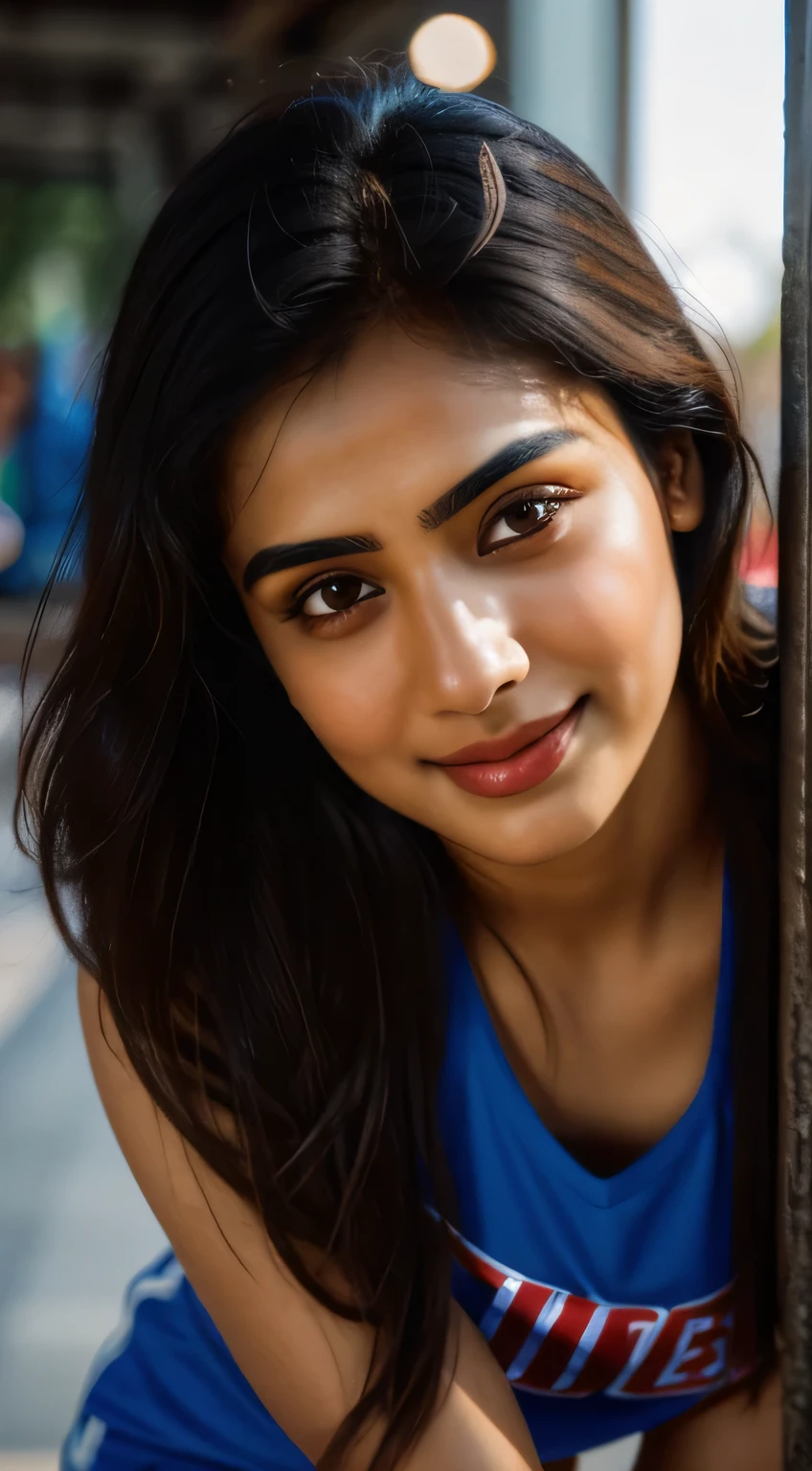(Rhea Chakraborty:0.3), (Alia Bhatt:0.6), (Kriti Sanon:0.7), ((a beautiful mature Indian college girl in short gym clothes)), (highly detailed face:1.4, smile, detailed eyes blue), ((slim, flawless complexion, perfect eyes, long flowing brunet hair, skin pores texture)) POV, (gym background), (Ultra realistic illustration), hyper realistic, sharp focus, unreal engine, photorealistic, photo, masterpiece, realism, photorealism, high contrast, by lee jeffries, nikon d850, film stock photograph, 4 kodak portra 400, camera f1.6 lens, rich colors, hyper realistic, lifelike texture, natural lighting , cinestill 800, depth of field