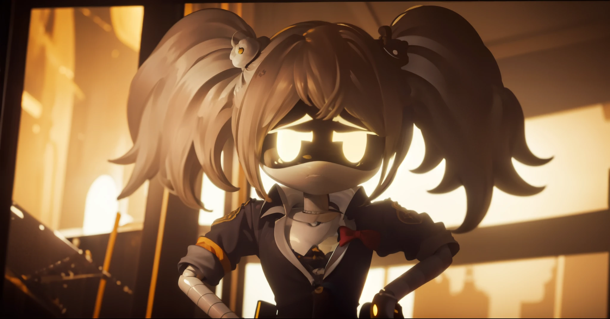 (8k uhd, masterpiece, best quality, high quality, ) upper body, hands behind back, murder drone, J, android, blonde hair, twin tails, yellow eyes, doll joints, glowing eyes, military uniform, standing looking at the viewer with a sad, standing, sad, hunched over, hollow eyes, bunker, explosion style, something behind her is blowing up, wielding a m1 flame thrower 