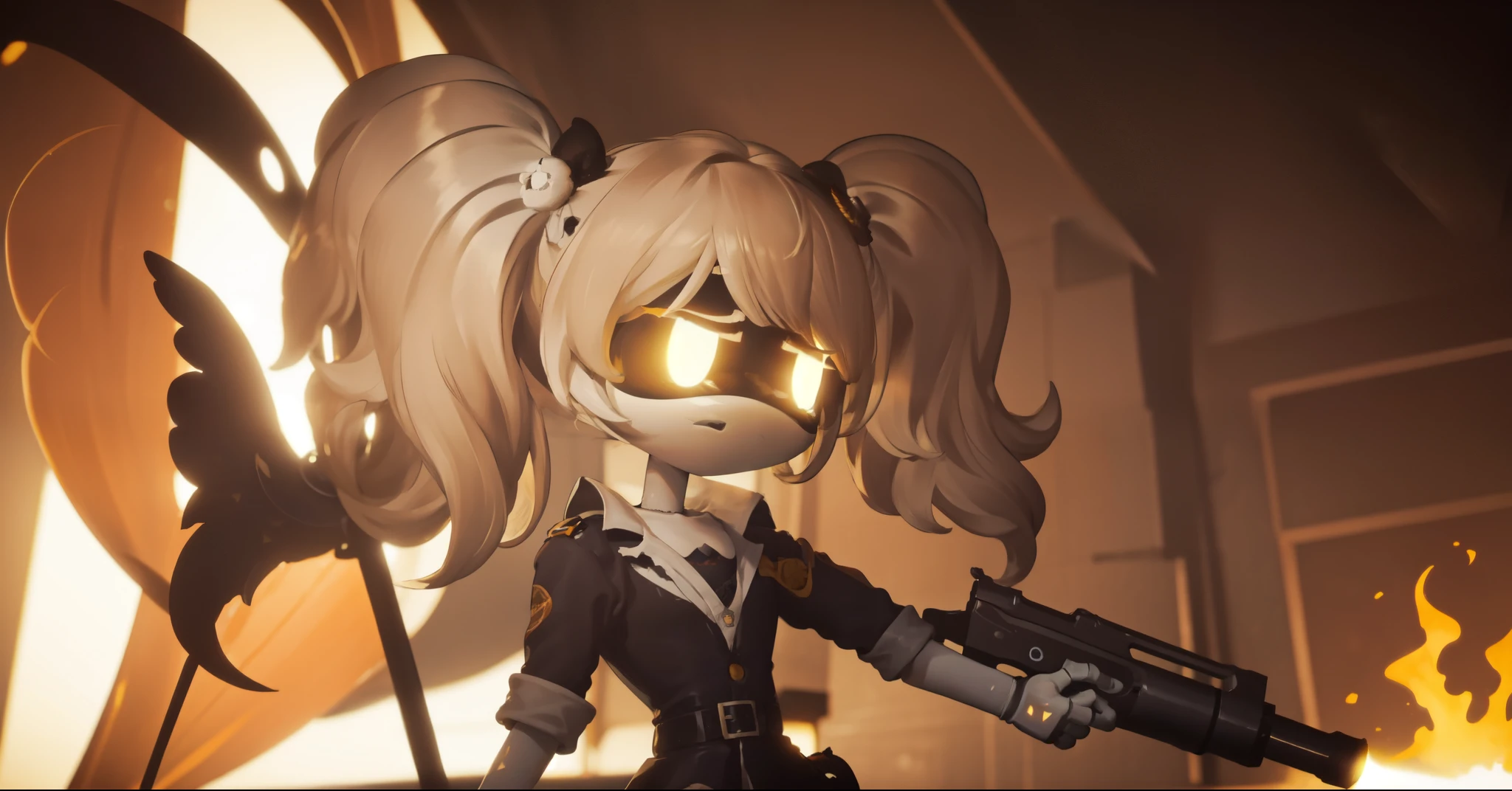 (8k uhd, masterpiece, best quality, high quality, ) upper body, hands behind back, murder drone, J, android, blonde hair, twin tails, yellow eyes, doll joints, glowing eyes, military uniform, standing looking at the viewer with a sad, standing, sad, hunched over, hollow eyes, bunker, explosion style, something behind her is blowing up, wielding a m1 flame thrower 