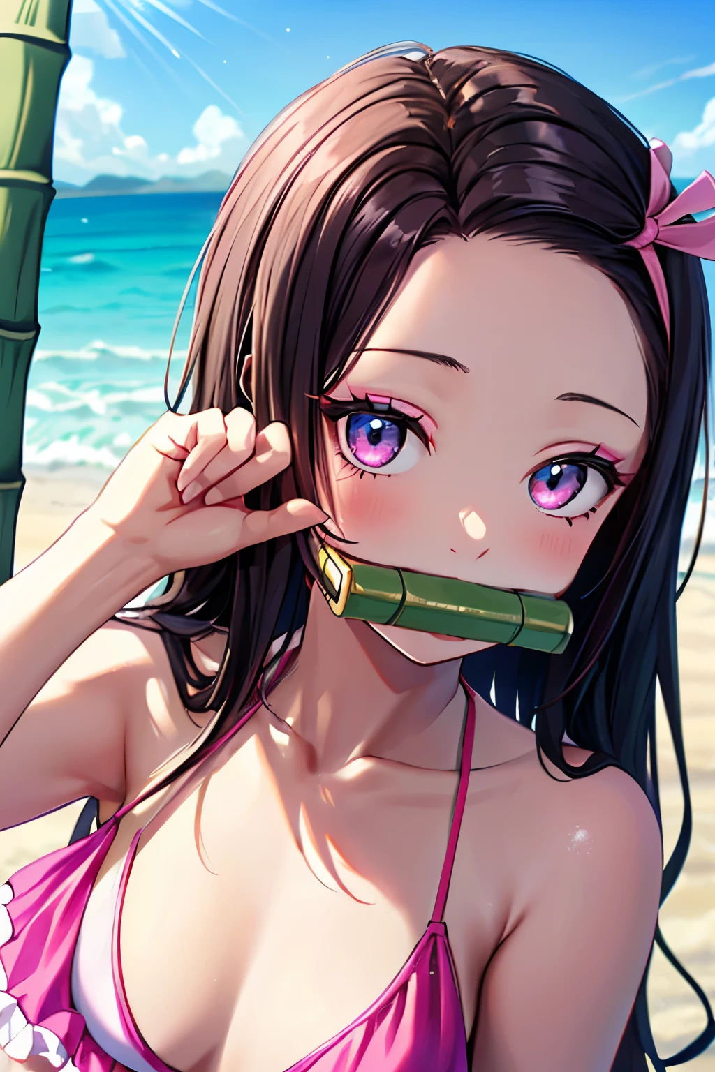 master piece, best quality, 8k, ultra high resolution, highest quality, anime style, best writing, beautiful face, masterpiece,Pink ribbon on hair, fascinating face, good lighting, low cut, small details, masterpiece, shining eyes, pink eyes, 1 girl, black hair, Nezuko Kamado, (pink bikini:1.3), (ruffle bikini:1.3), (Bamboo gag in mouth:1.3), (Chewing bamboo:1.3), masterpiece, highest quality, beautiful makeup, (fascinating eyes:1.3), free pose, upper body, best smile, (beach:1.3)