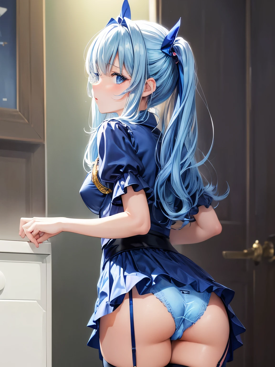 NSFW, 紺色のキャビンアテンダント服を着た女性がパンティに手を入れてmasturbationしている, masturbation, (hand in panties:1.3)、I opened my mouth,Exact number of hands, skirt, panties, underwear, (shiny blue satin レースpanties:1.3), (shiny blue satin レースブラ:1.3), panties that cover the butt、garter belt, Feels good, The look of holding back from going to the toilet, embarrassed expression, Thighhighs, skirt lift, think back, realistic