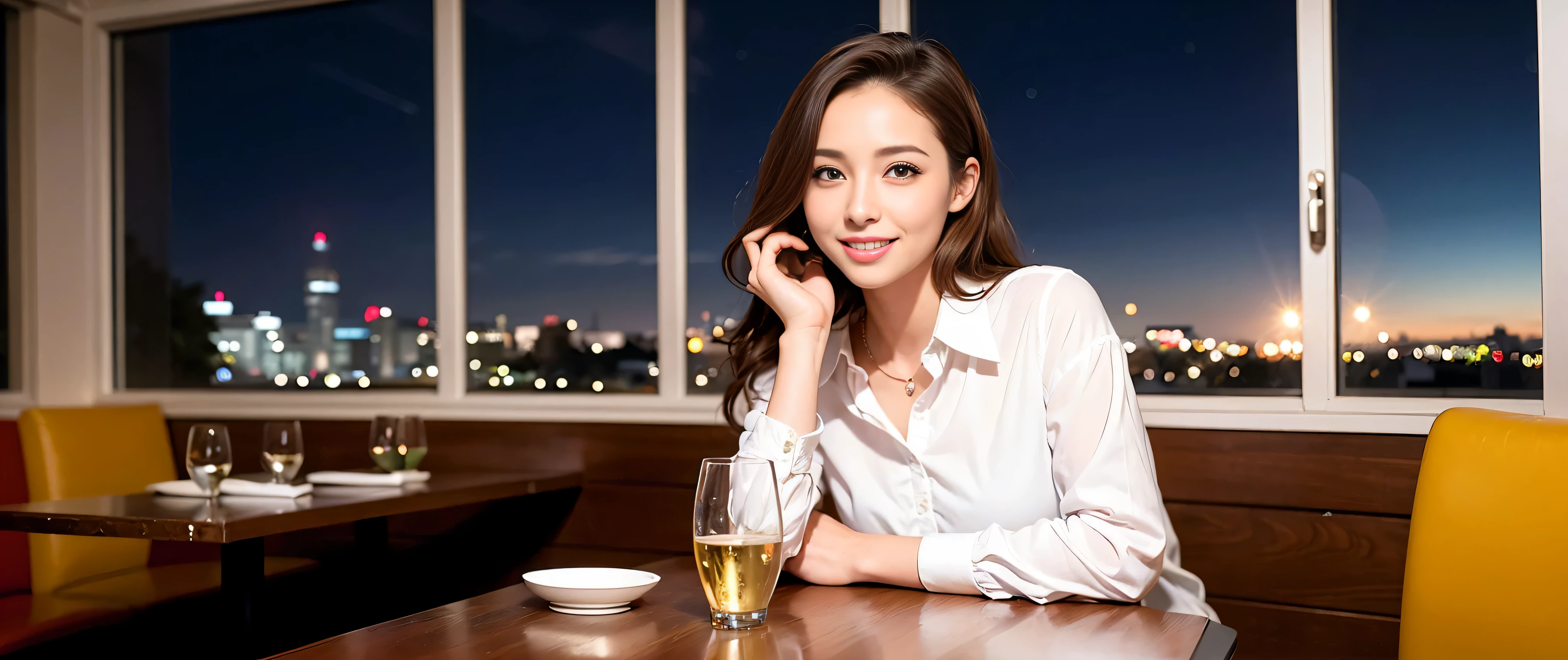 K, Hmm, highest quality, masterpiece: 1.2), (realistic, photorealistic: 1.37), Super detailed, 3 slim beauties, (slim face),Happy、 the best smile、Fox face、Berry Short、(because I'thin), (brown hair), (shortcut), long sleeve shirt、winter fashion、Colombian、Brazilian、Japanese、Dutch、German、Portuguese、Belgian、Italian、French,Champagne、sparkling wine、 (squirt), (slim body), (brown hair), (shortcut), neat beauty、cheeks turn a little red, (35 years old), 38 years old, alone, A beautiful and detailed night view spreads out outside the window....., restaurant, wine glass is sitting, At night, in a prominent place (from the Upper body) nova frog style, actress, model, Upper body, White wine, slim, wine glass, Very beautiful night view, wine glass Put in the Middle, Happy smile, (smile: 1.15),