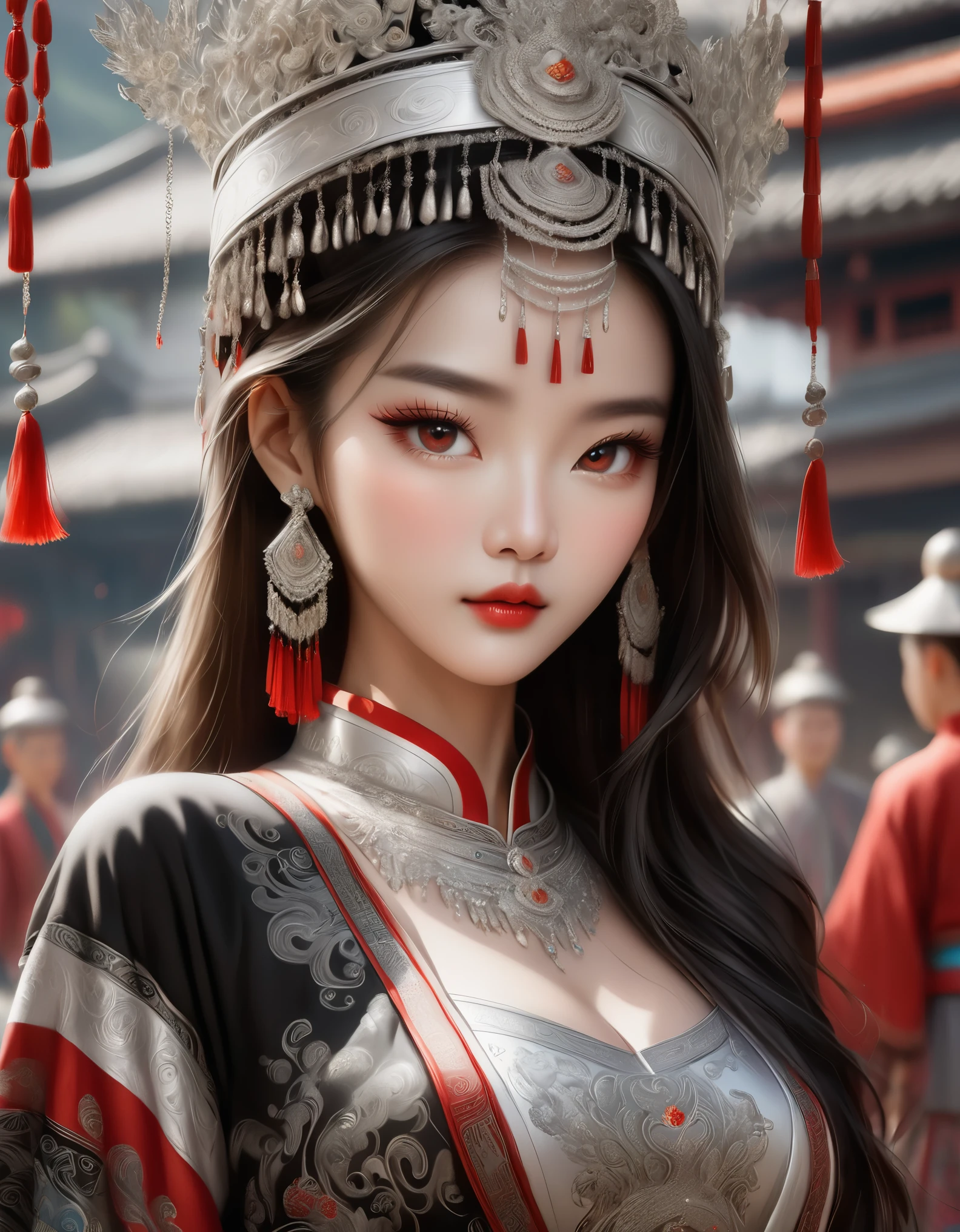 (best quality,8K,masterpiece:1.2),stunning,gorgeous Chinese girl,queen,detailed skin details,bright eyes,gorgeous eyelashes,standing alone,looking at the audience,minority:1.5,silver jewelry:1.2,silver hat crown:1.5,silver tassels:1.37,silver necklace,silver texture,silver sheen,upper body,long sleeves,dark ethnic attire,long skirt:1.2,waist,details of black and red linen fabric,characteristics of Miao ethnic attire,totem)