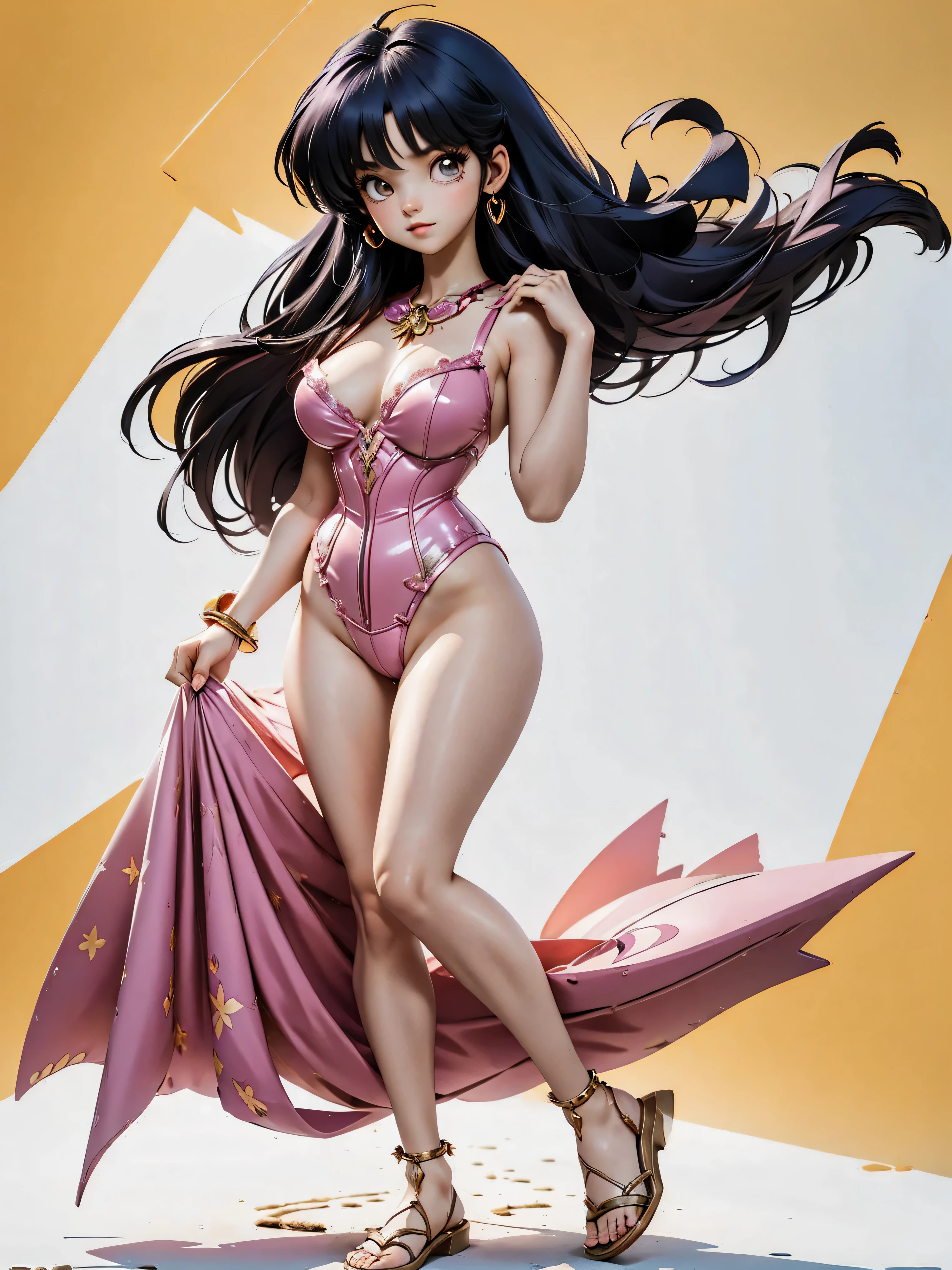 Dark-haired anime girl in pink swimsuit and corset, 16 anos, corpo bonito, seios grandes, com hand in panties , hand in hair, Garota sensual, purple cabelo, mechas de cabelo laterais, mechas de cabelo na lateral do rosto, beautiful lighting, sombras suaves, olhos azuis, pernas bonitas, cabelo curto, estilo anime, personagem Akane Tendo, Autora Rumiko Takahashi, Baseado em obra de Rumiko Takahashi, Anime Ranma 1/ 2, decote sensual, quadril robusto, corpo inteiro, corpo inteiro, busto grande, garota jovem com corpo belo e bonito, sandals on his feet, garota 16 anos jovem, usando maiô e corset pink, garota anime, estilo anime, beautiful feet in sandals, 45° viewing angle, ao ar livre, peito grande, seios bonitos, cabelo preto, sandals on the feet, pernas bonitas, sensual, belas pernas, Sandalias, seios grandes, corpo completo, corpo inteiro, feet with sandals, anime realista, saia, sarja roxa, personagem realista sensual, postura reta, ao ar livre, calcinha pink, hand in panties, hand in panties, seios grandes, sorrindo