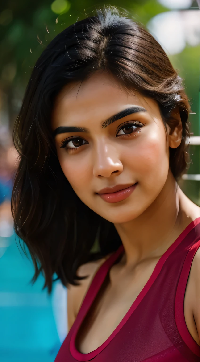 (Rhea Chakraborty:0.3), (Alia Bhatt:0.6), (Kriti Sanon:0.7), ((a beautiful mature Indian college girl, in short gym clothes)), (highly detailed face:1.4, smile, detailed eyes blue), ((slim, flawless complexion, perfect eyes, long flowing brunet hair, skin pores texture)), (gym background), (((low angle shot))), (Ultra realistic illustration), hyper realistic, sharp focus, unreal engine, photorealistic, photo, masterpiece, realism, photorealism, high contrast, by lee jeffries, nikon d850, film stock photograph, 4 kodak portra 400, camera f1.6 lens, rich colors, hyper realistic, lifelike texture, natural lighting , cinestill 800, depth of field