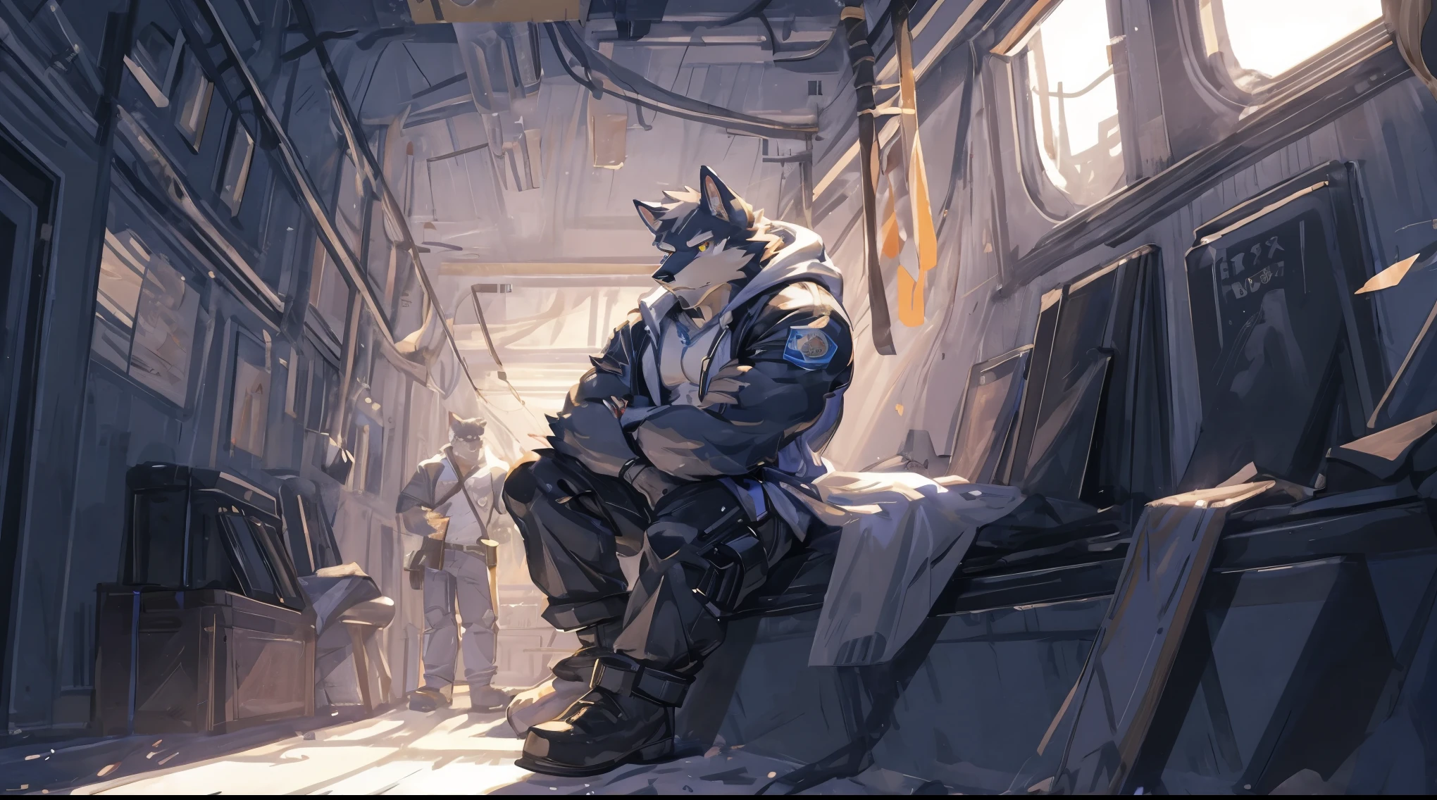 (masterpiece:1.2), best quality,pixiv,official art,perfect anatomy, (Ray tracing, light),solo, (1_male:1.3) , (muscle), (gray fur:1.4), (muscle wolf), (beard:1.2), (gleaming golden eyes), Thick eyebrows, open hoodie, naked inside, cargo pants, boots, portrait, (in the empty train :1.3), sitting alone