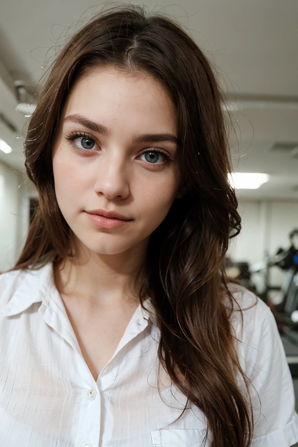A close-up photograph of a 19 years old woman wearing white button-up shirt , with long brown hair styled in a big way, blue eyes, and natural-looking makeup. She should be looking directly at the camera while standing in a gym set. The focus should be on her face without any visible makeup. blur background