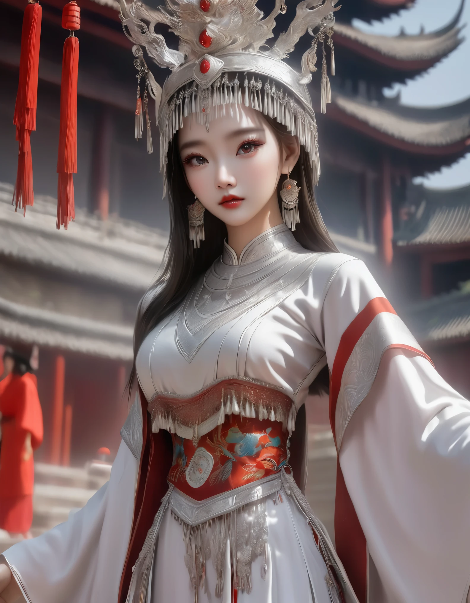 (masterpiece，high quality，8K).amazing,Inspired by the myths and legends of Guilin, China:Liu Sanjie，The most beautiful beautiful Chinese girl，Queen，Skin details，Bright Eyes，Fine lashes，unique，Gaze at the viewer），（Miao：1.5，silver jewelry：1.2，silver hat crown：1.5，silver tassel：1.37，silver collar，Silver texture，silver luster），Upper body，long sleeves，（dark ethnic wear，long skirt：1.2，waist，Black and red linen fabric detail，Miao服饰特点，totem），
