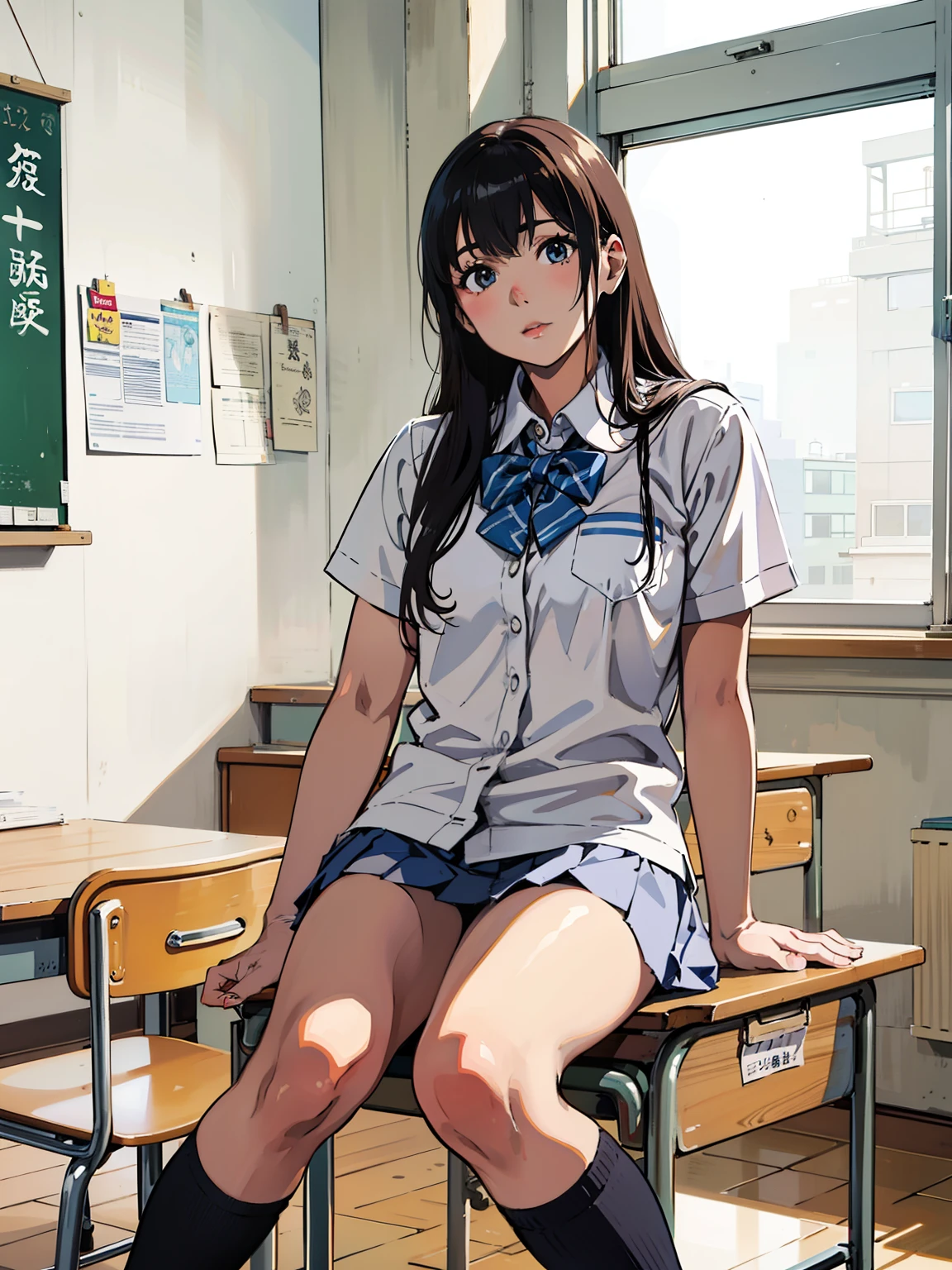 Alafed asian girl in uniform sitting on desk, Photo of high school girl posing, a hyperrealistic , cute high school girl, wearing japanese school uniform, japanese , hyperrealistic , japanese girl , Japanese high school, realistic , In the classroom, Young beautiful girl gravure idol, sitting in the classroom