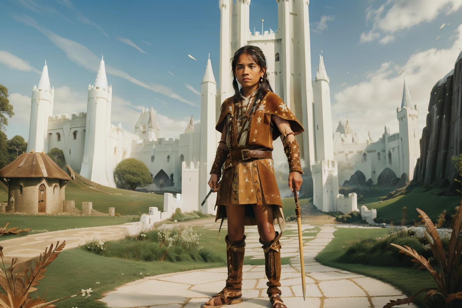 Fairytale Kingdom of Fantasia. Outside the ((((white ivory tower)))), ((((10-year-old)) Atreyu)), olive green skin, tall, athletic, brave, wise, ((grief expression)), wielding a sword defiantly. ((((suede and leather indigenous clothings)))), ((blueish-black hairstyle)). 