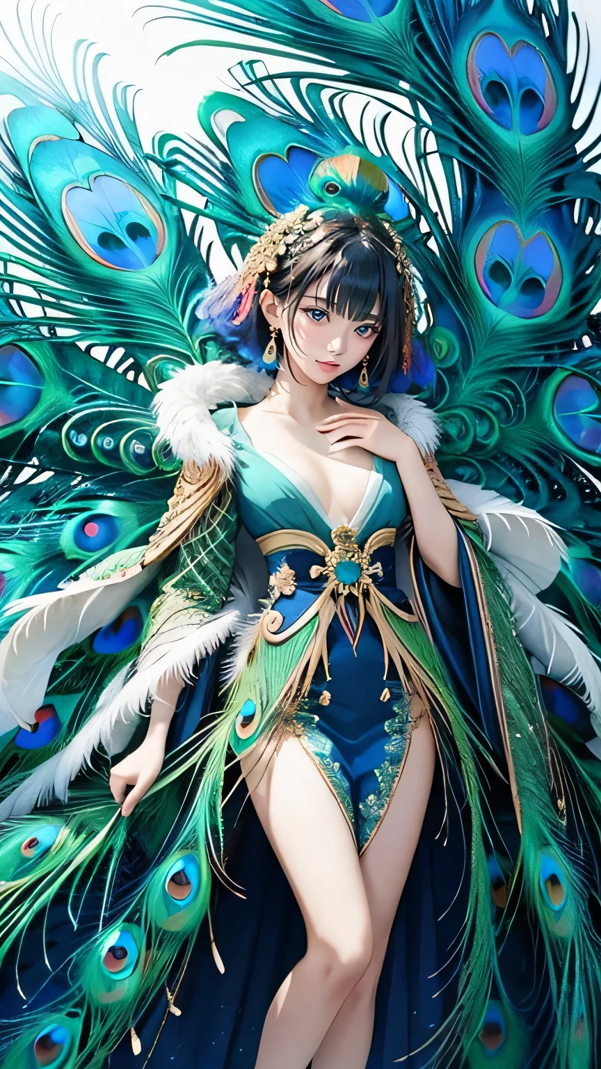 (((masterpiece))),((highest quality)),one beautiful japanese girl,pale, (A fusion character of humans and peacocks: 1.5), ((flashy)), (covered in feathers: 1.5), (colorful clothes), (expose one's skin), (spread the tail feathers)、hair is a feather、The background is dead leaves