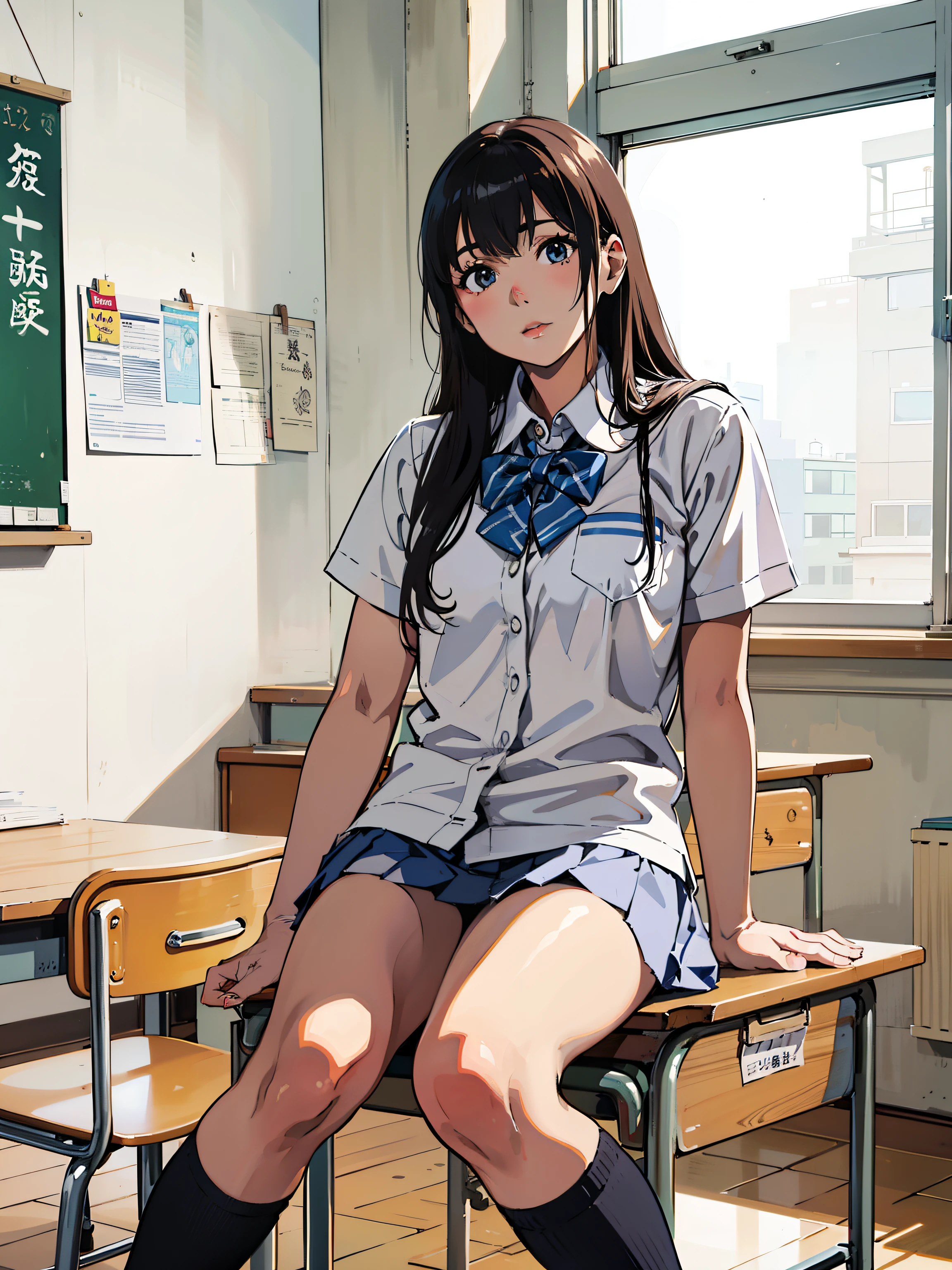 Alafed asian girl in uniform sitting on desk, Photo of high school girl posing, a hyperrealistic , cute high school girl, wearing Japanese , Japanese , hyperrealistic , Japanese girl , Japanese high school, realistic , In the classroom, Young beautiful gravure idol, sitting in the classroom